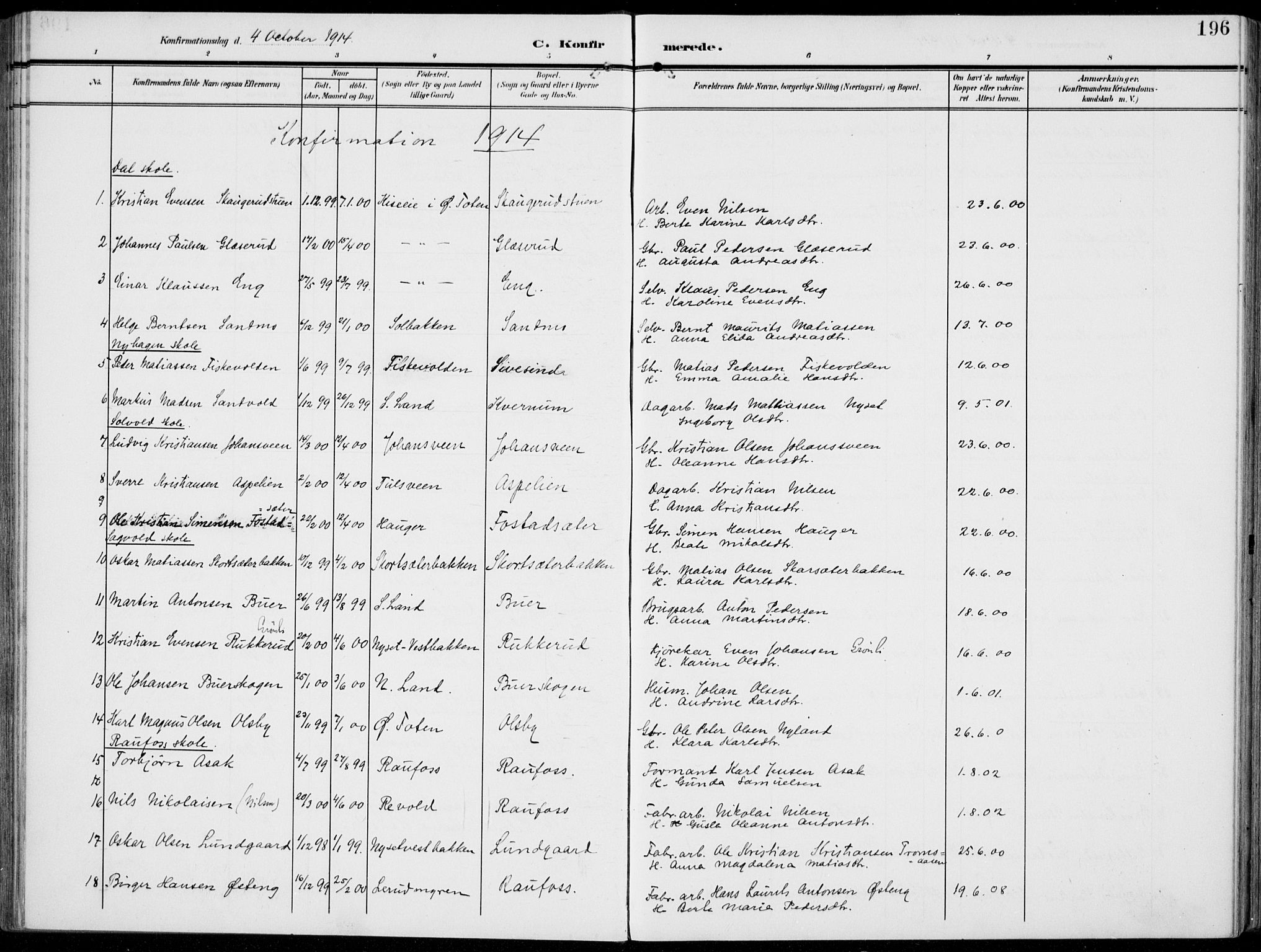 Vestre Toten prestekontor, AV/SAH-PREST-108/H/Ha/Haa/L0014: Parish register (official) no. 14, 1907-1920, p. 196