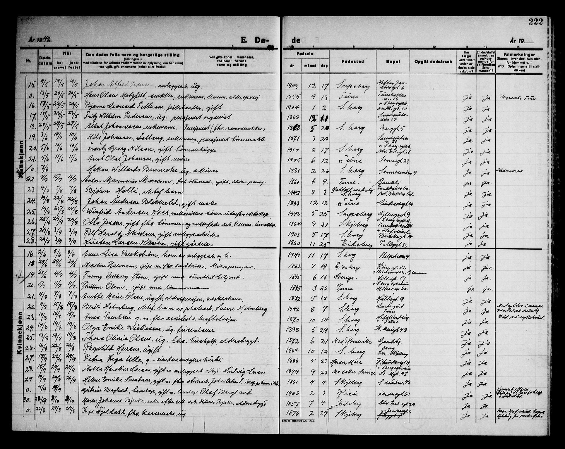 Sarpsborg prestekontor Kirkebøker, SAO/A-2006/G/Ga/L0004: Parish register (copy) no. 4, 1929-1949, p. 222