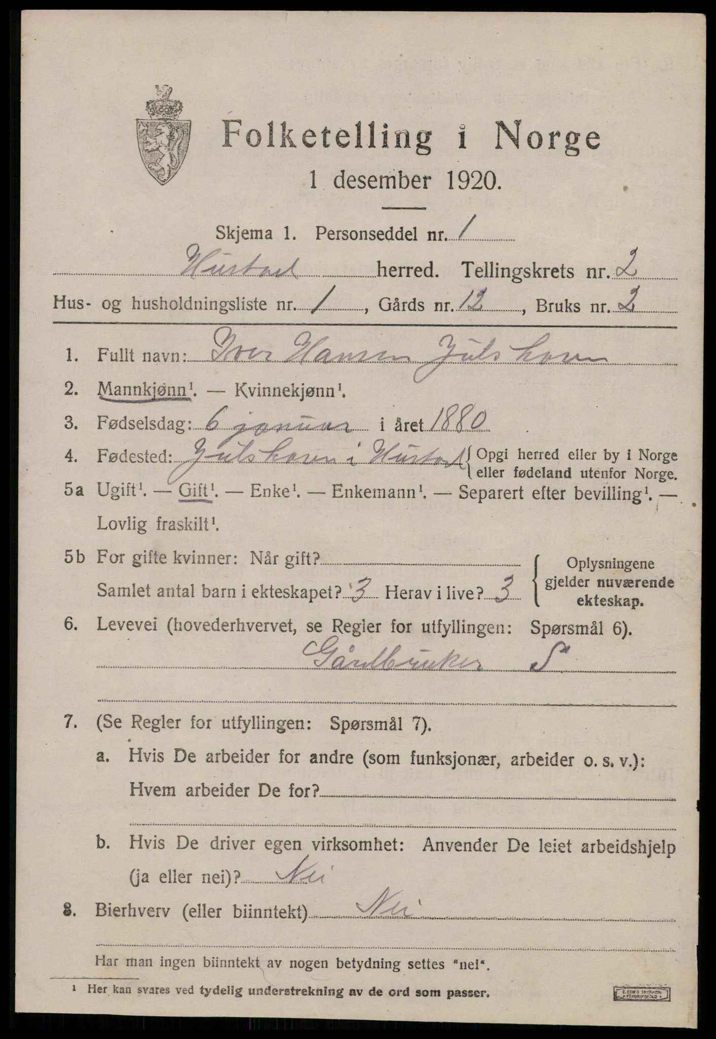 SAT, 1920 census for Hustad, 1920, p. 1519