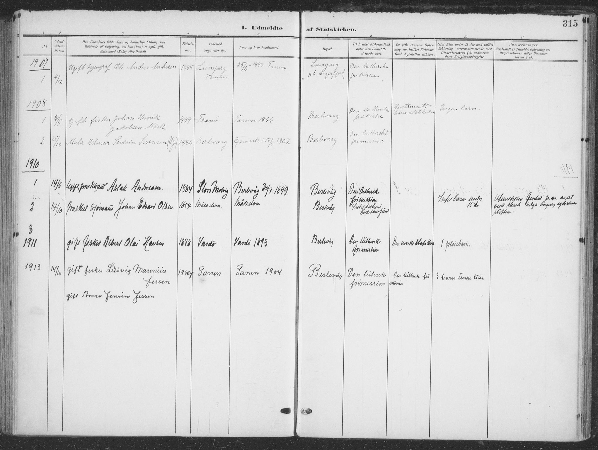 Tana sokneprestkontor, AV/SATØ-S-1334/H/Ha/L0007kirke: Parish register (official) no. 7, 1904-1918, p. 315
