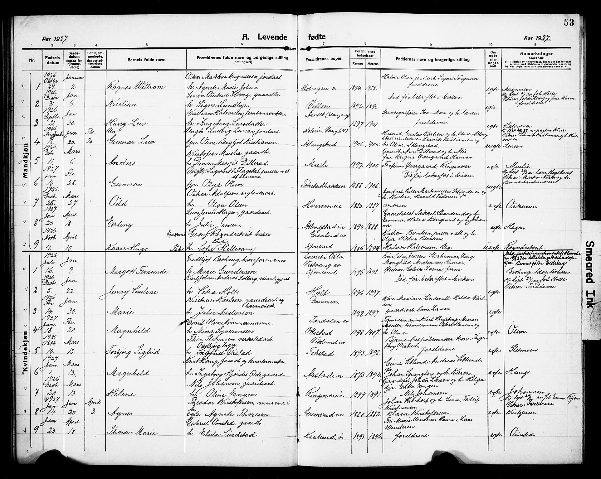 Stange prestekontor, SAH/PREST-002/L/L0015: Parish register (copy) no. 15, 1916-1928, p. 53