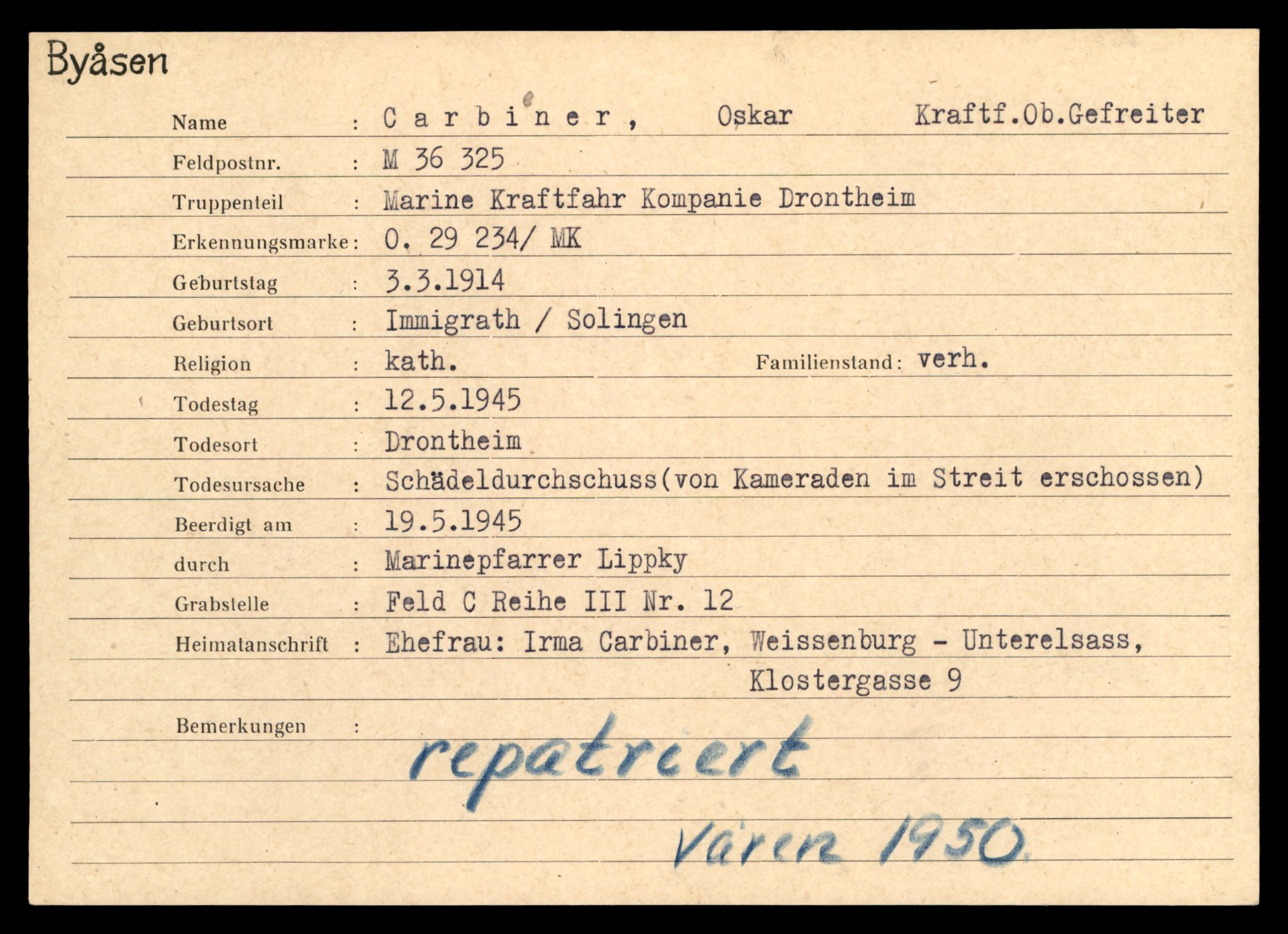 Distriktskontoret for krigsgraver, AV/SAT-A-5030/E/L0004: Kasett/kartotek over tysk Krigskirkegård på Byåsen, 1945, p. 225