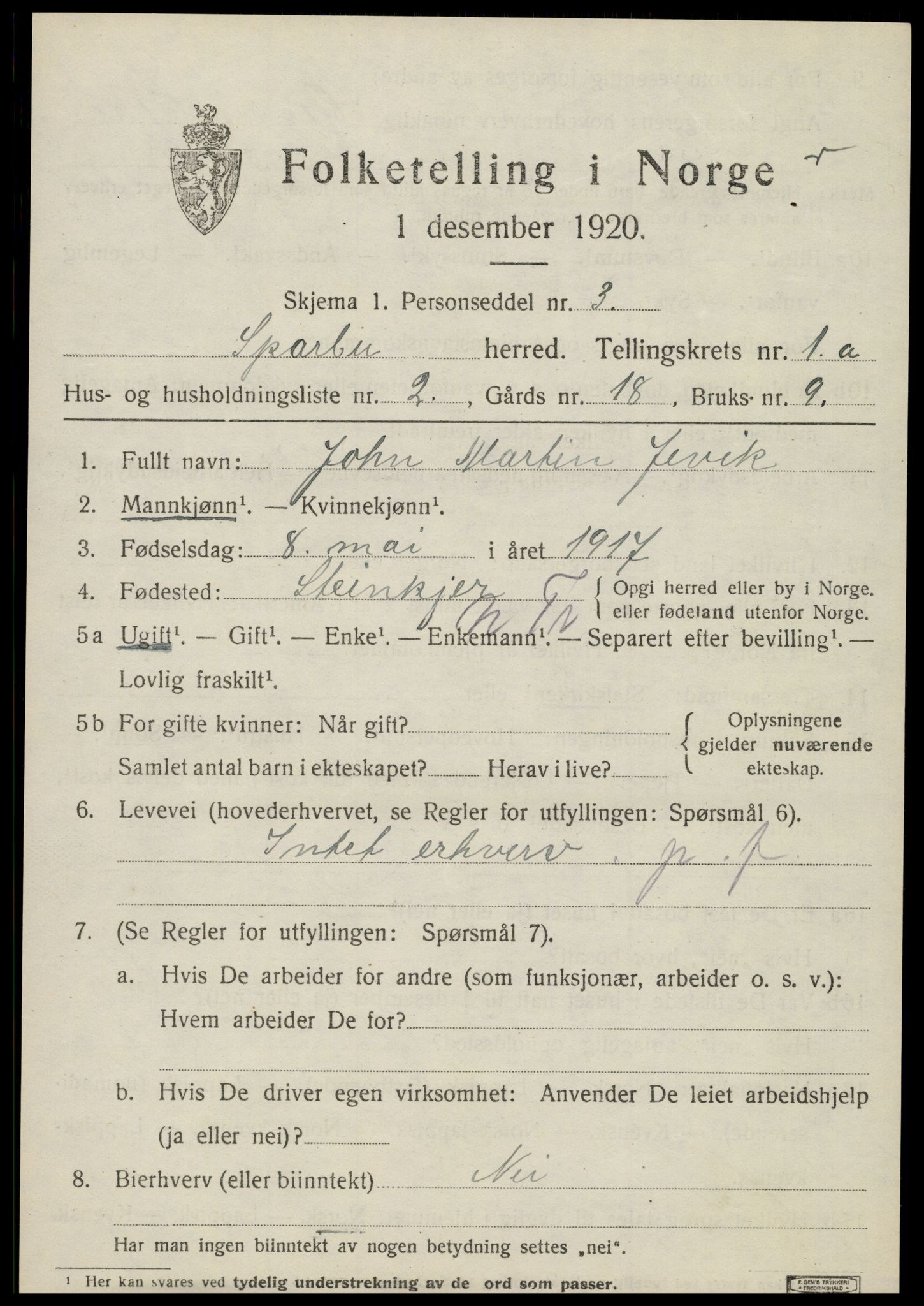 SAT, 1920 census for Sparbu, 1920, p. 1015