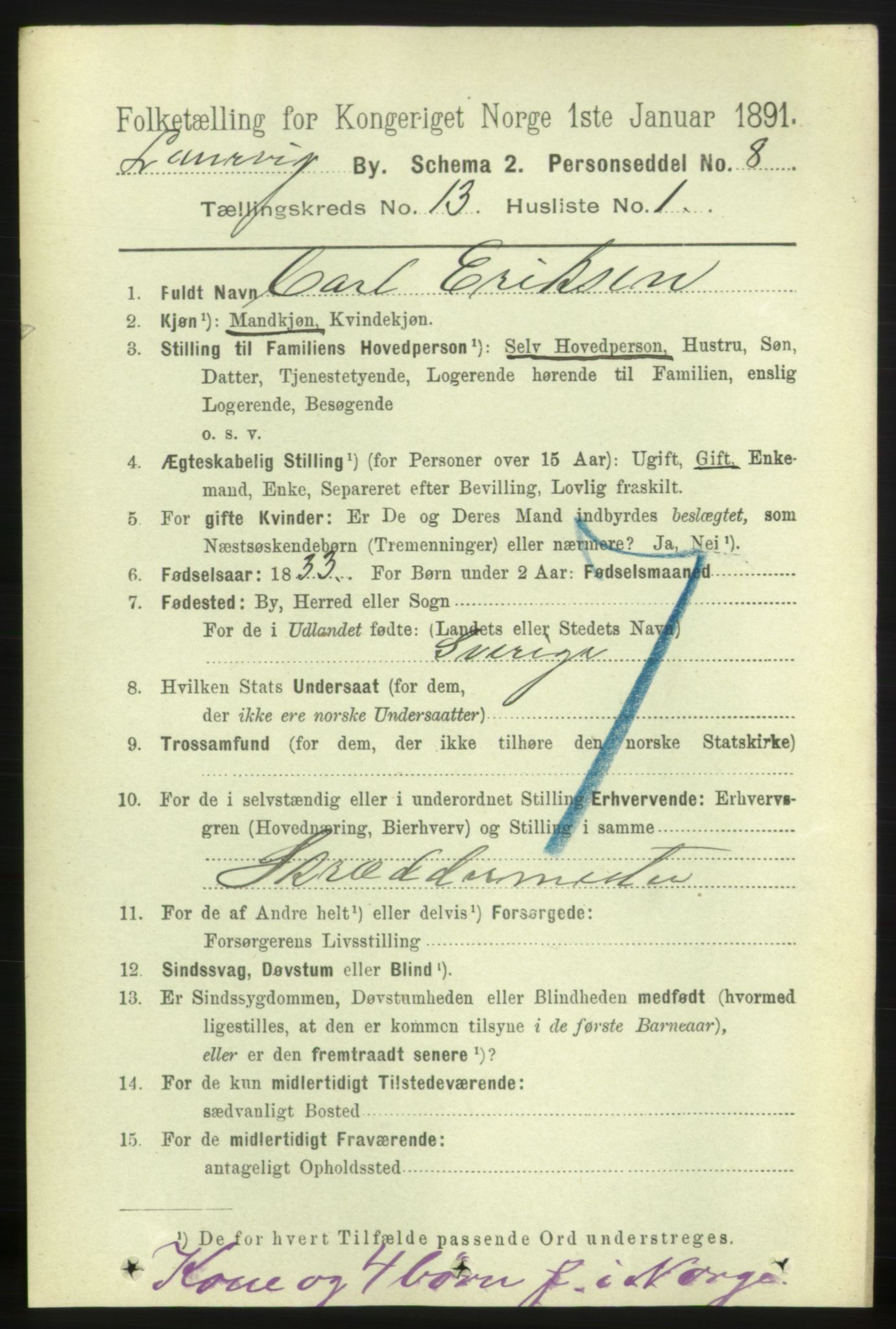 RA, 1891 census for 0707 Larvik, 1891, p. 10492