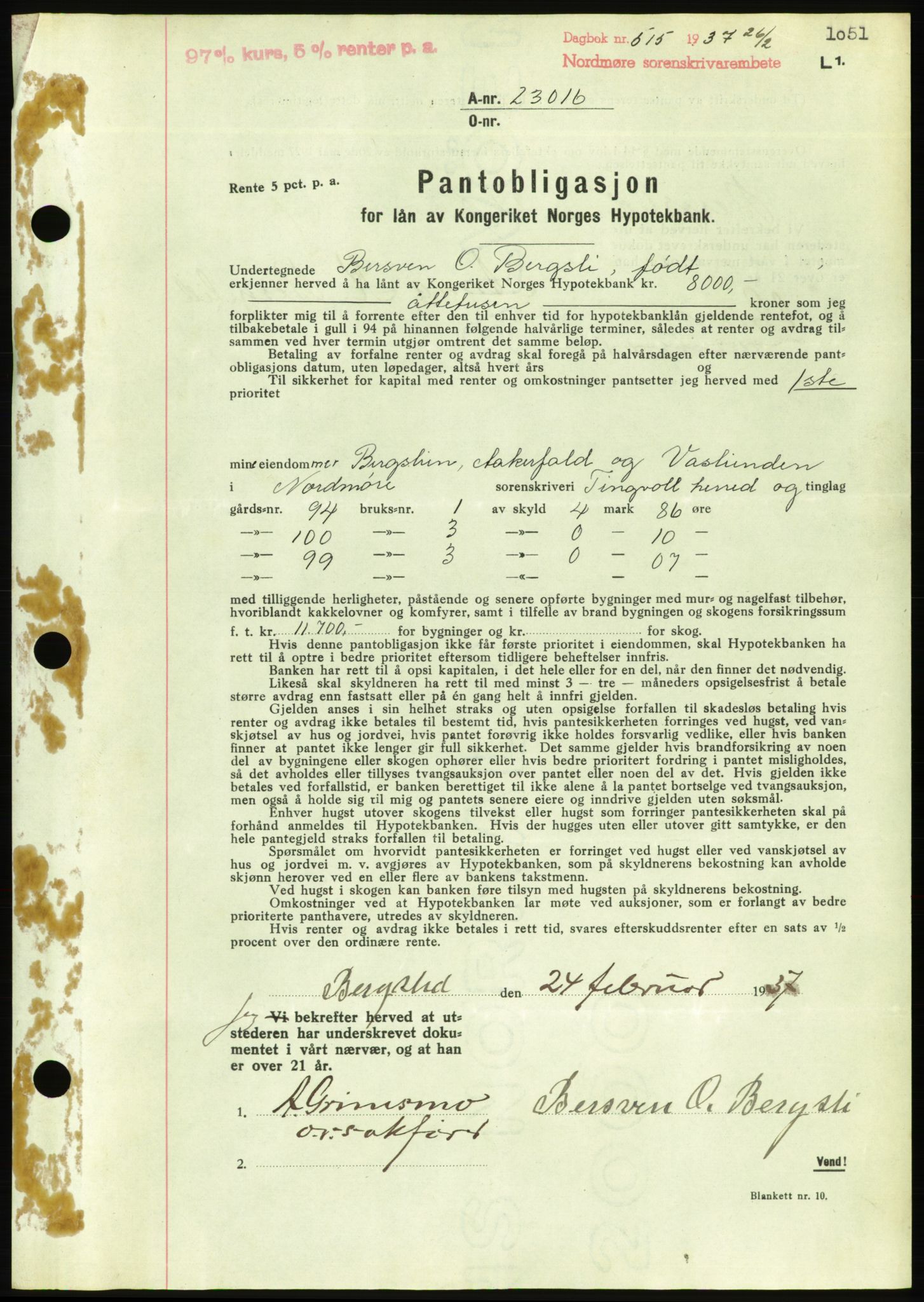 Nordmøre sorenskriveri, AV/SAT-A-4132/1/2/2Ca/L0090: Mortgage book no. B80, 1936-1937, Diary no: : 515/1937