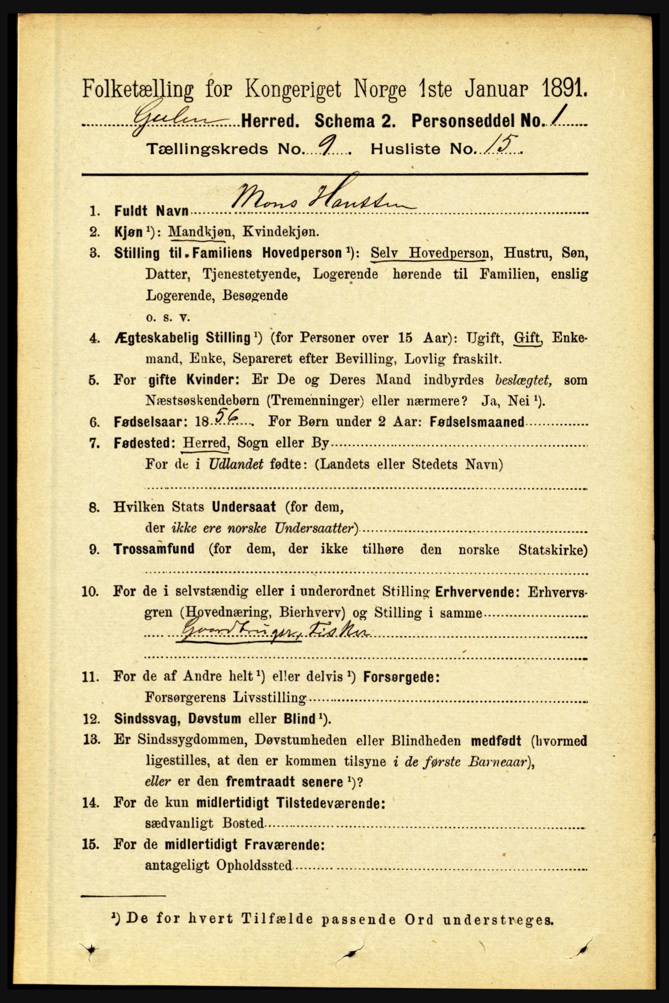 RA, 1891 census for 1411 Gulen, 1891, p. 2883