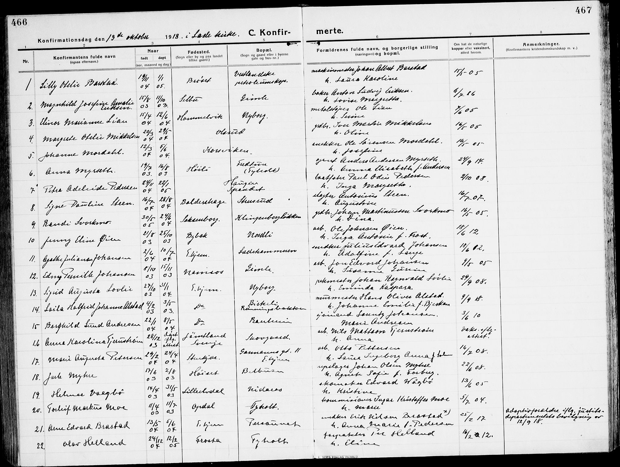 Ministerialprotokoller, klokkerbøker og fødselsregistre - Sør-Trøndelag, AV/SAT-A-1456/607/L0321: Parish register (official) no. 607A05, 1916-1935, p. 466-467