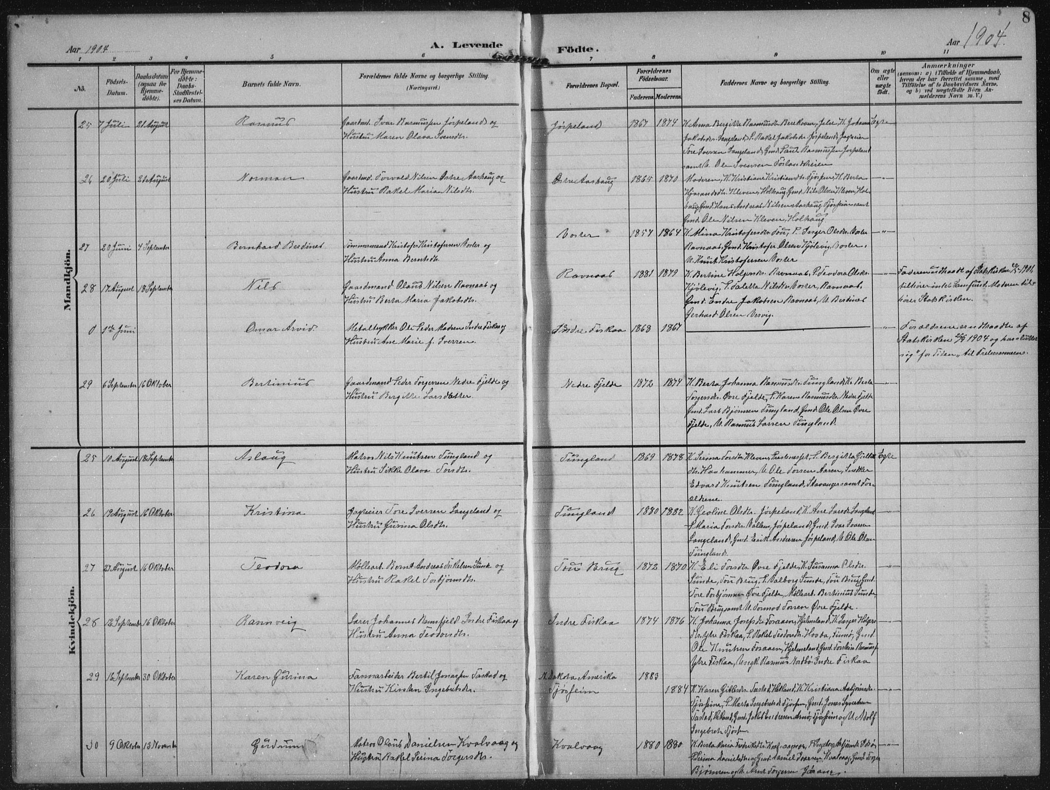 Strand sokneprestkontor, AV/SAST-A-101828/H/Ha/Hab/L0005: Parish register (copy) no. B 5, 1904-1934, p. 8