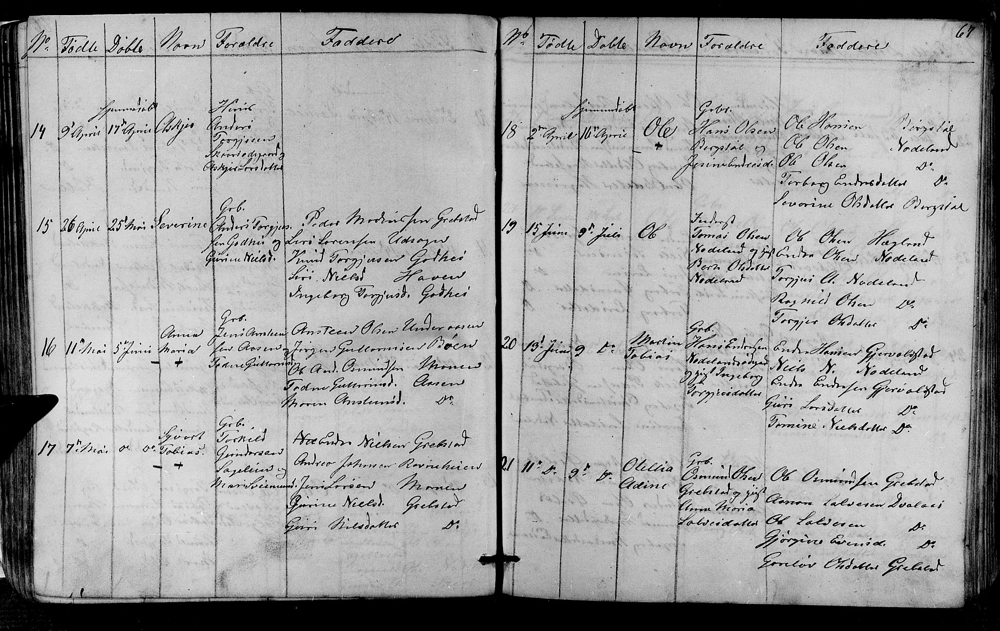 Søgne sokneprestkontor, AV/SAK-1111-0037/F/Fb/Fba/L0002: Parish register (copy) no. B 2, 1848-1873, p. 67