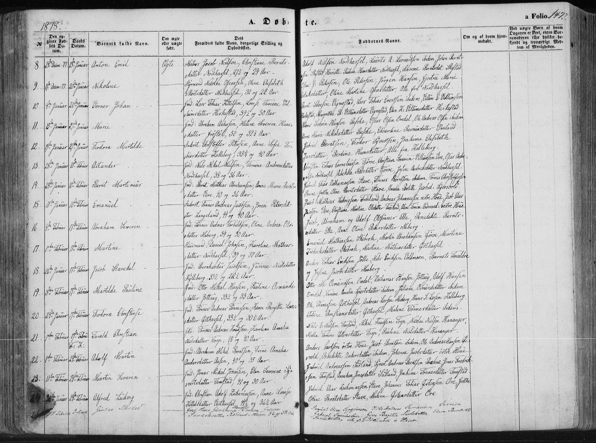 Lista sokneprestkontor, AV/SAK-1111-0027/F/Fa/L0011: Parish register (official) no. A 11, 1861-1878, p. 147