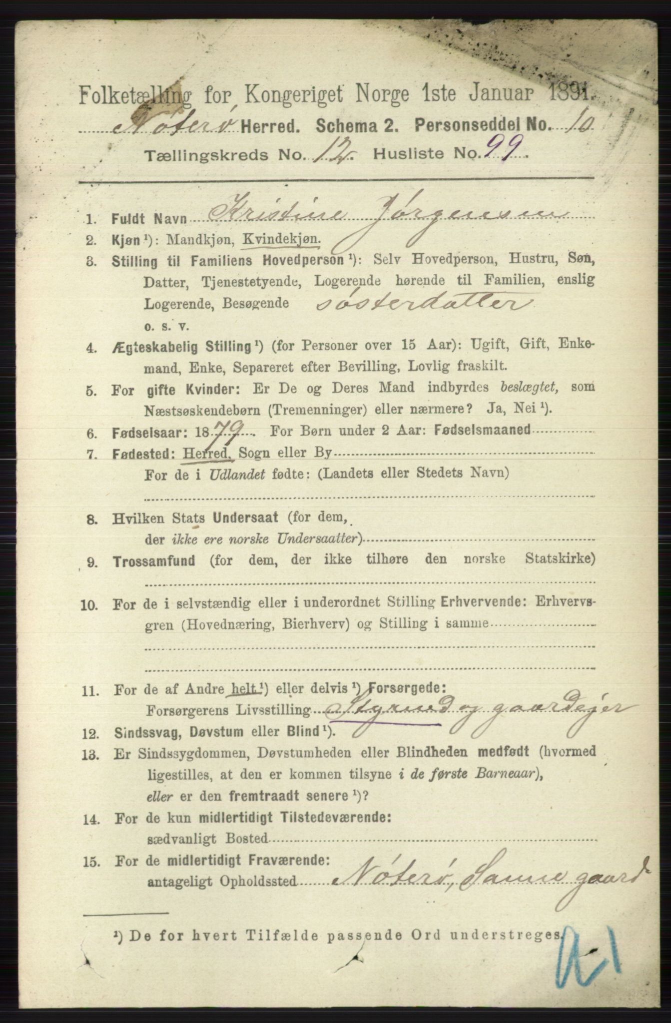 RA, 1891 census for 0722 Nøtterøy, 1891, p. 6922