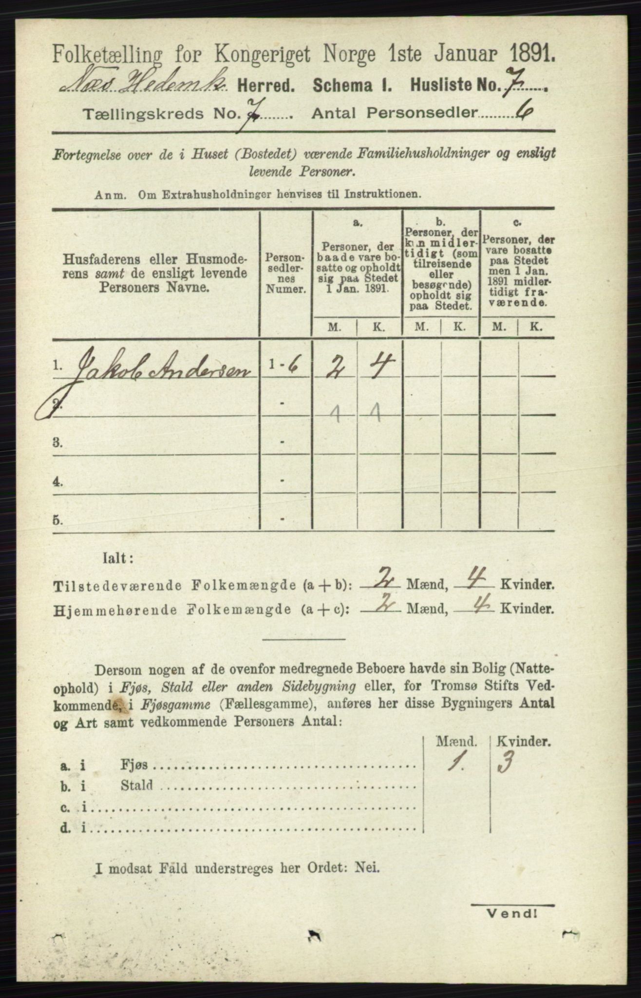 RA, 1891 census for 0411 Nes, 1891, p. 3835