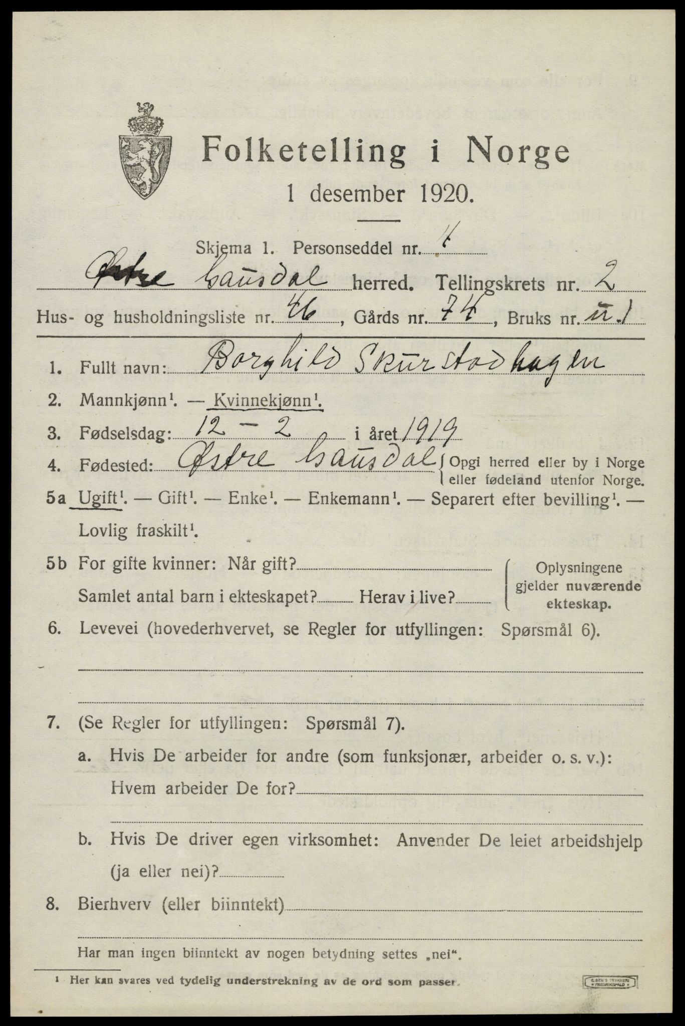 SAH, 1920 census for Østre Gausdal, 1920, p. 1888