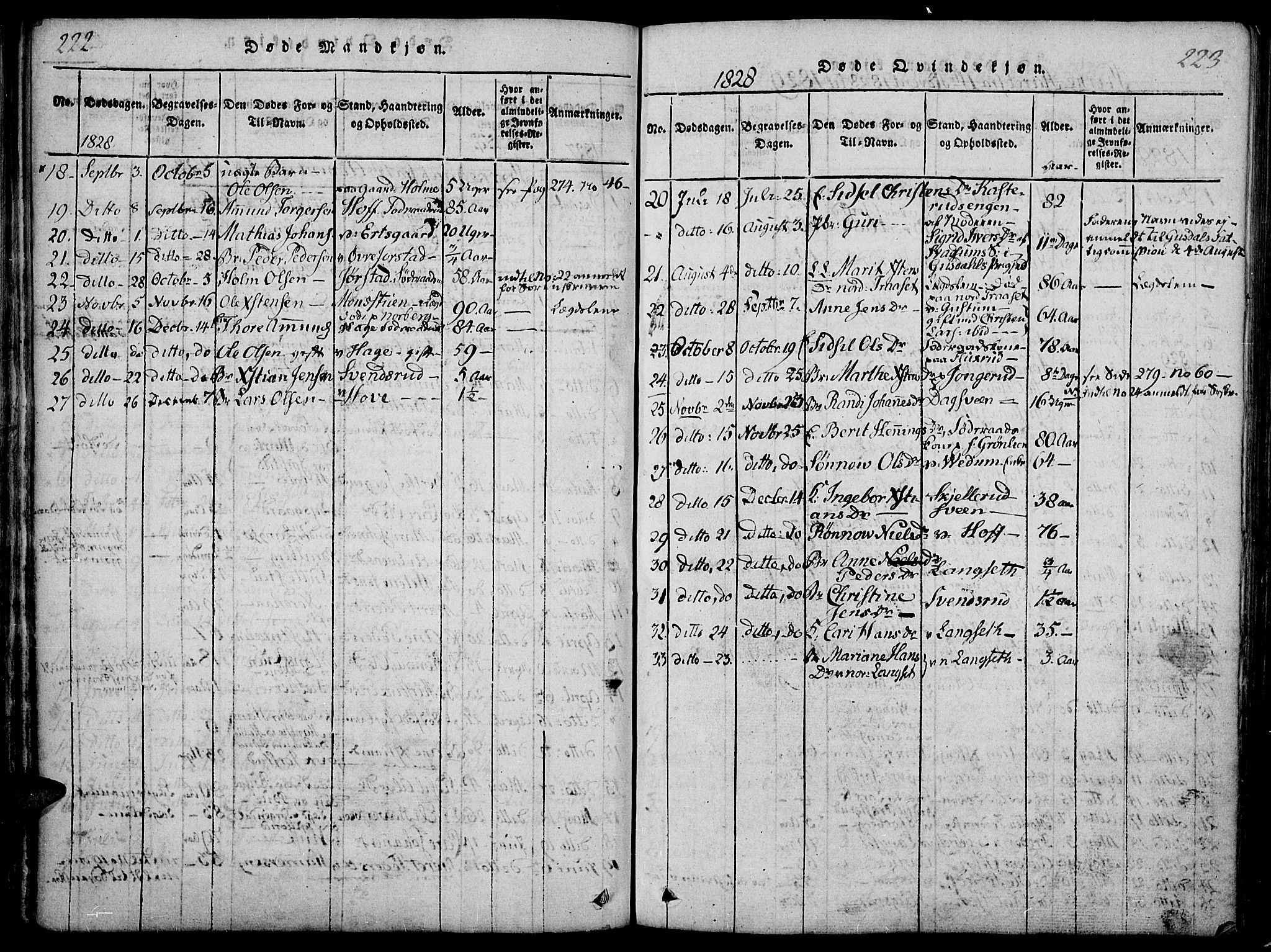 Fåberg prestekontor, SAH/PREST-086/H/Ha/Haa/L0003: Parish register (official) no. 3, 1818-1833, p. 222-223