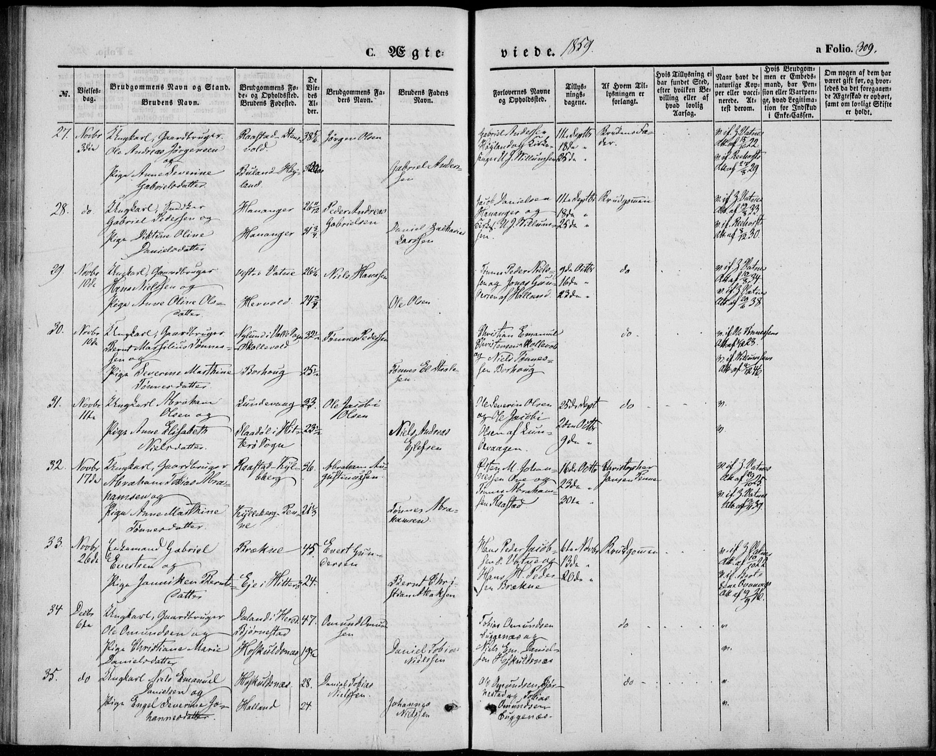 Lista sokneprestkontor, AV/SAK-1111-0027/F/Fb/L0002: Parish register (copy) no. B 2, 1847-1862, p. 309