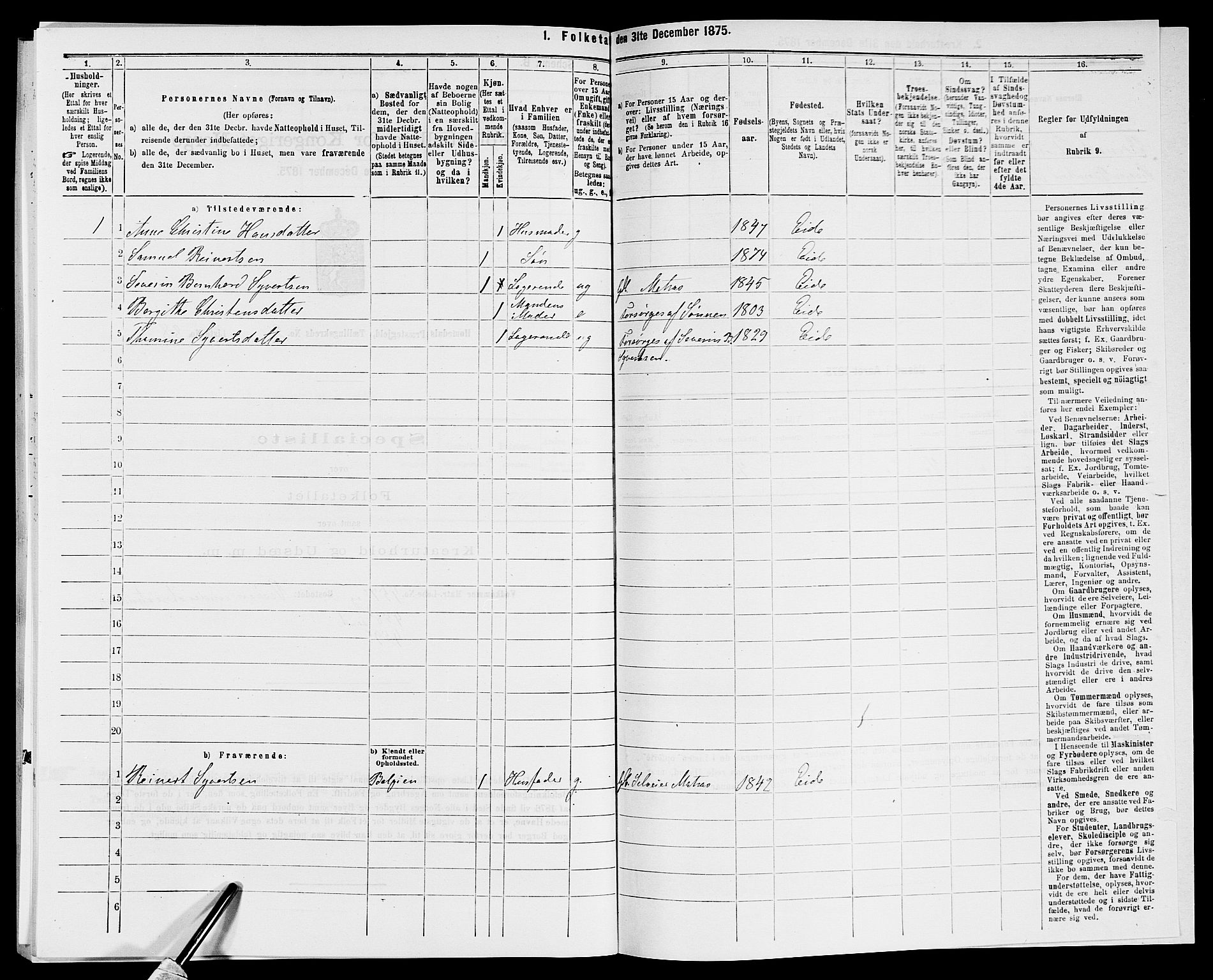 SAK, 1875 census for 0924P Homedal, 1875, p. 307