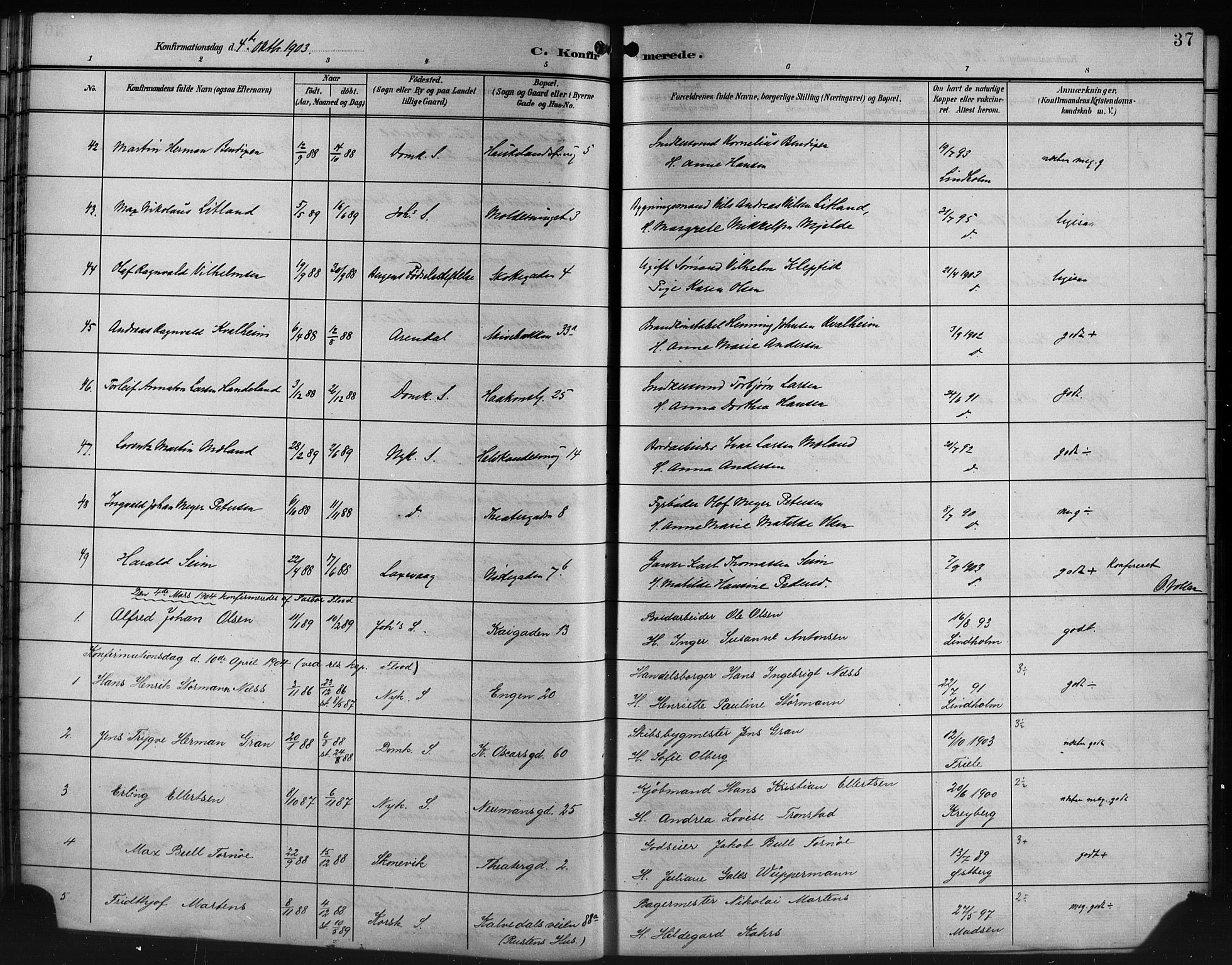 Domkirken sokneprestembete, SAB/A-74801/H/Hab/L0025: Parish register (copy) no. C 5, 1899-1916, p. 37