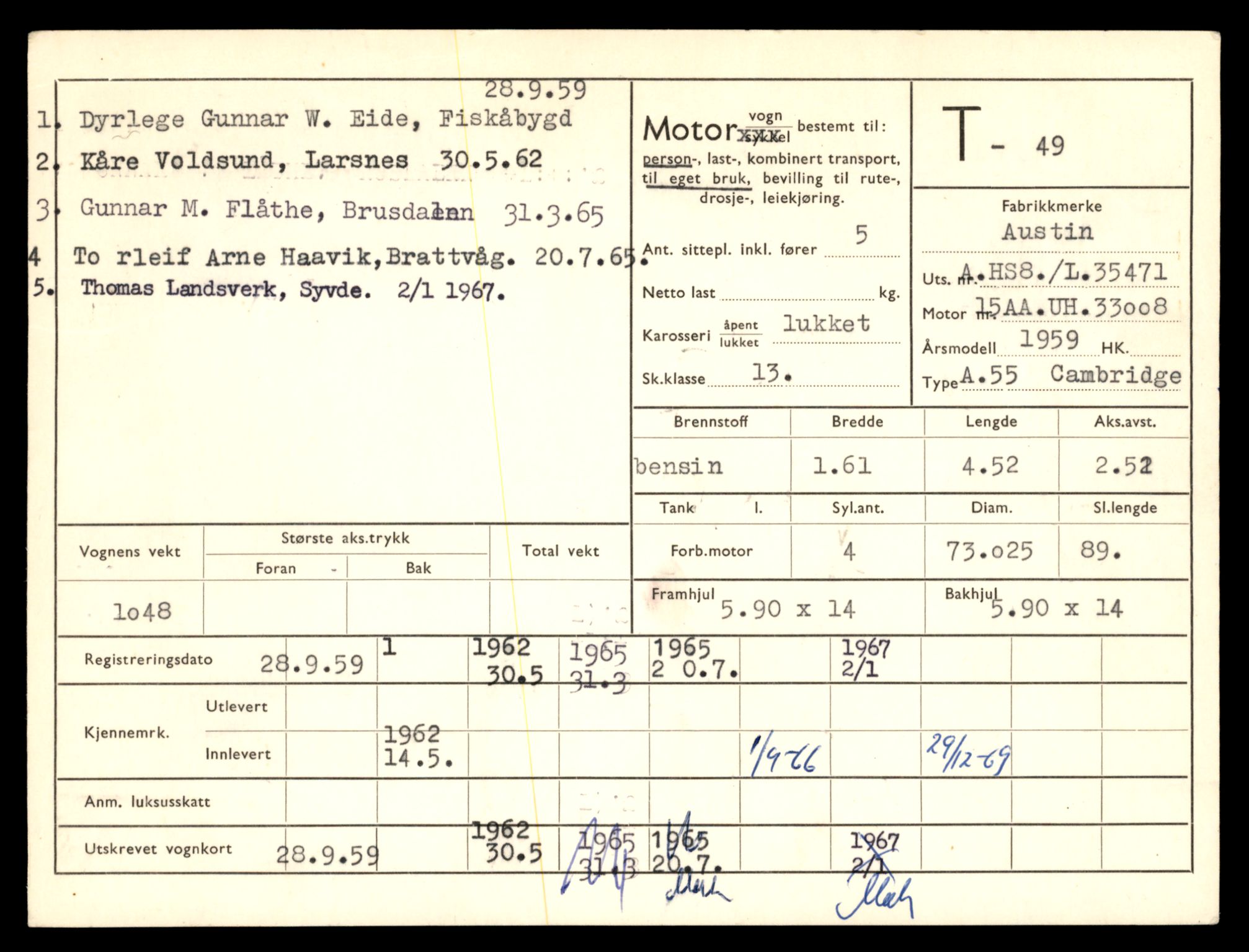 Møre og Romsdal vegkontor - Ålesund trafikkstasjon, AV/SAT-A-4099/F/Fe/L0001: Registreringskort for kjøretøy T 3 - T 127, 1927-1998, p. 1009