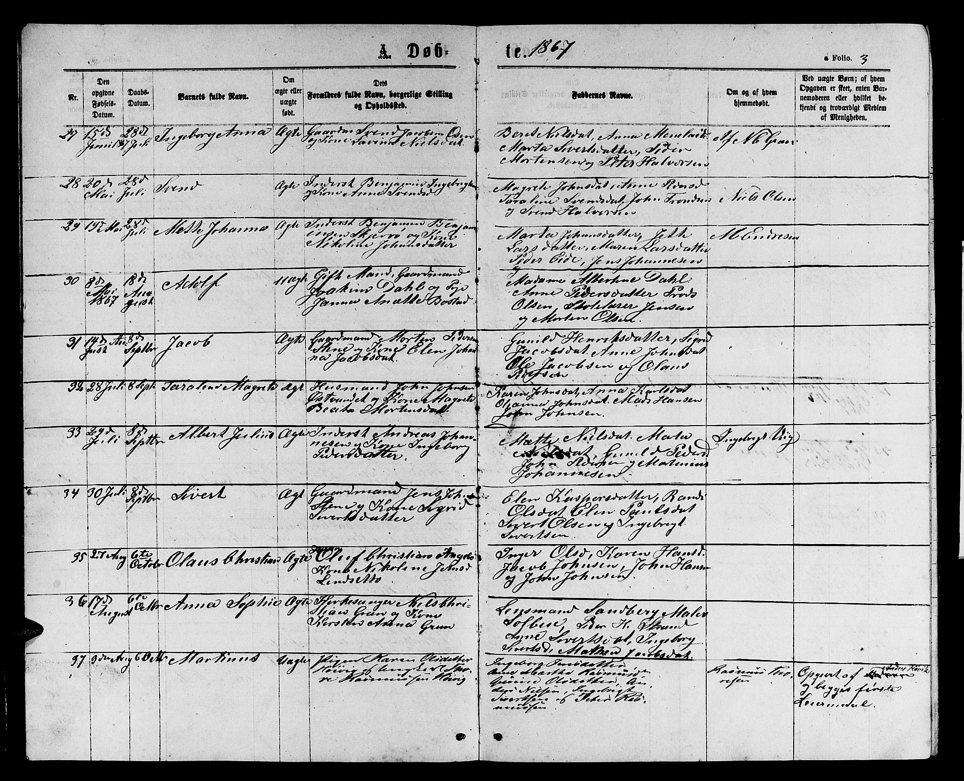 Ministerialprotokoller, klokkerbøker og fødselsregistre - Sør-Trøndelag, SAT/A-1456/658/L0725: Parish register (copy) no. 658C01, 1867-1882, p. 3