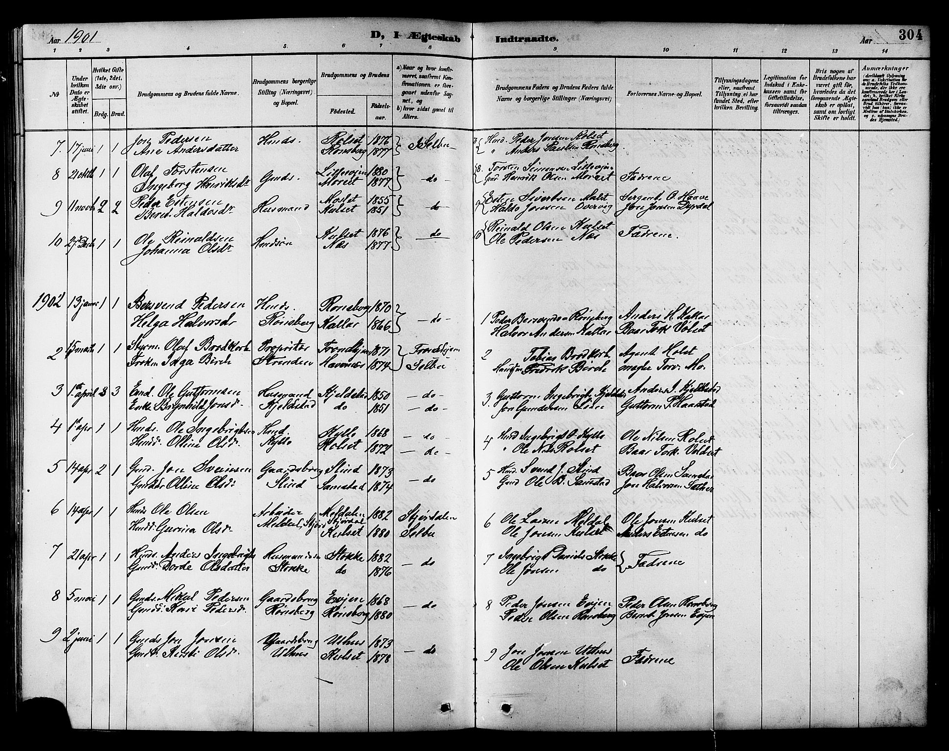 Ministerialprotokoller, klokkerbøker og fødselsregistre - Sør-Trøndelag, AV/SAT-A-1456/695/L1157: Parish register (copy) no. 695C08, 1889-1913, p. 304