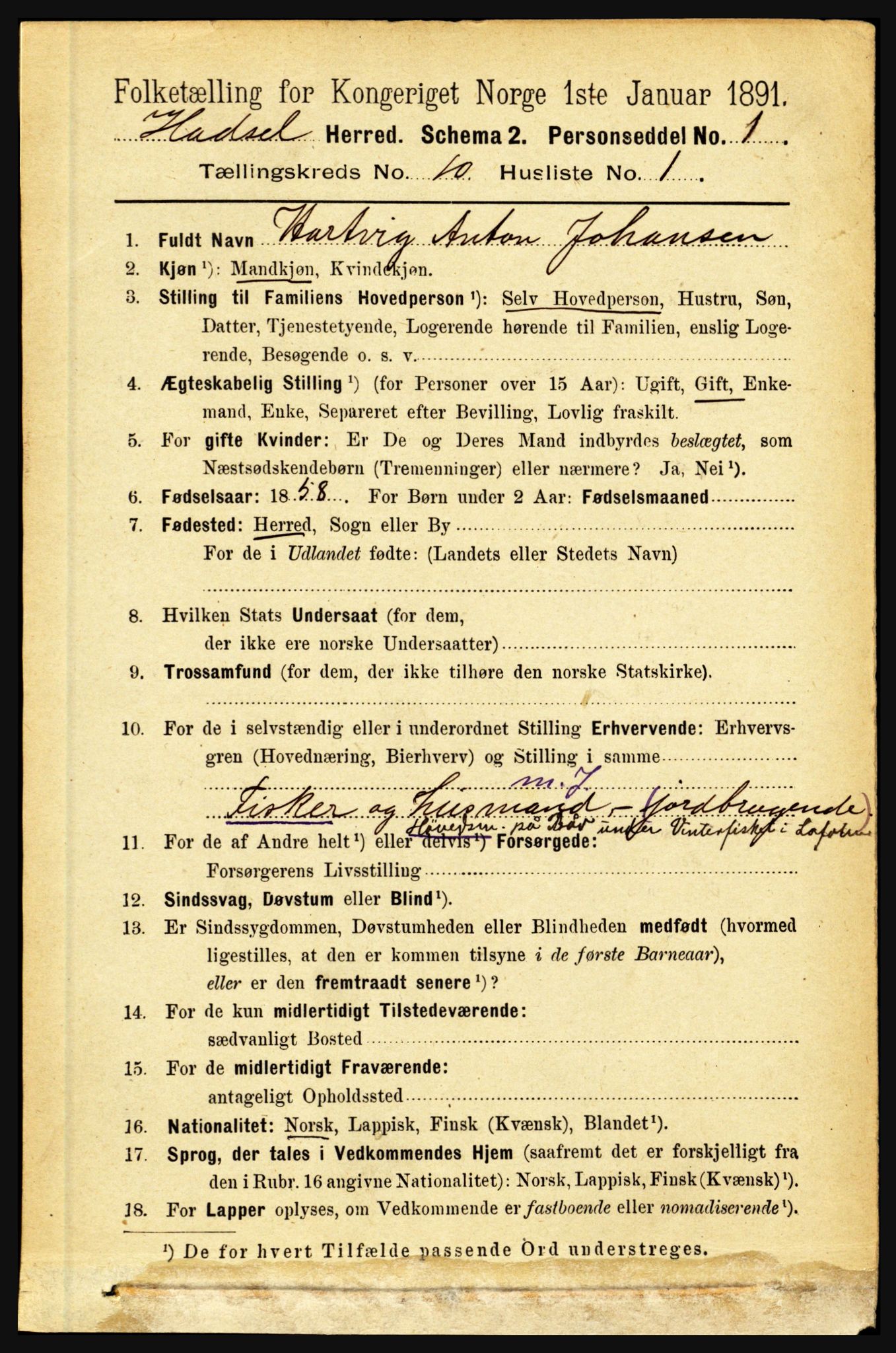 RA, 1891 census for 1866 Hadsel, 1891, p. 4202