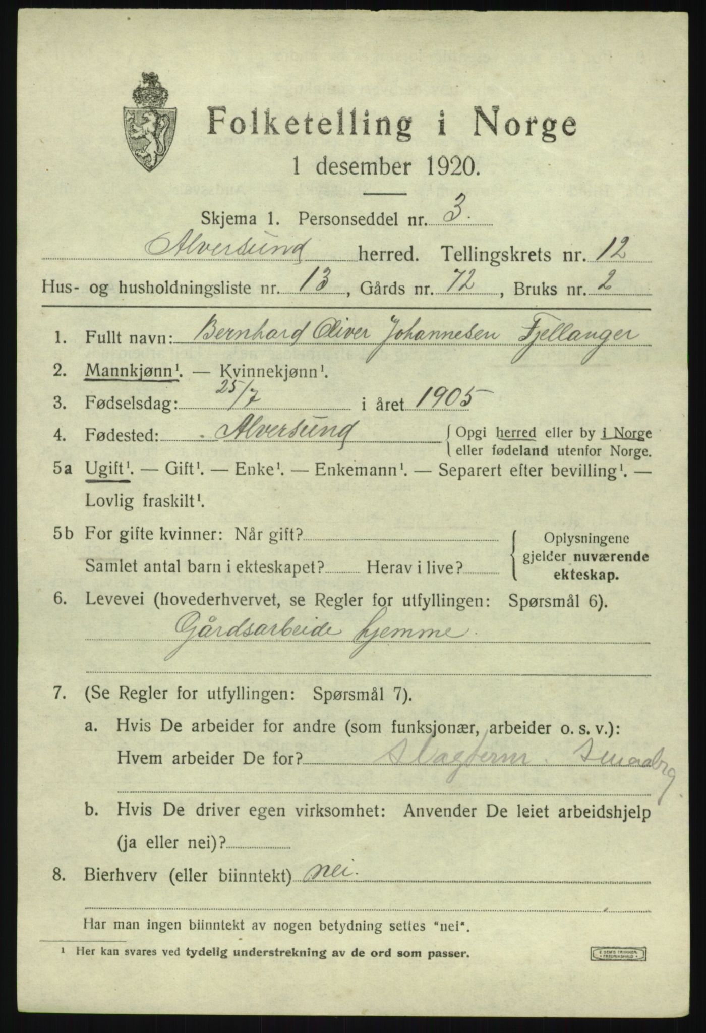 SAB, 1920 census for Alversund, 1920, p. 7146