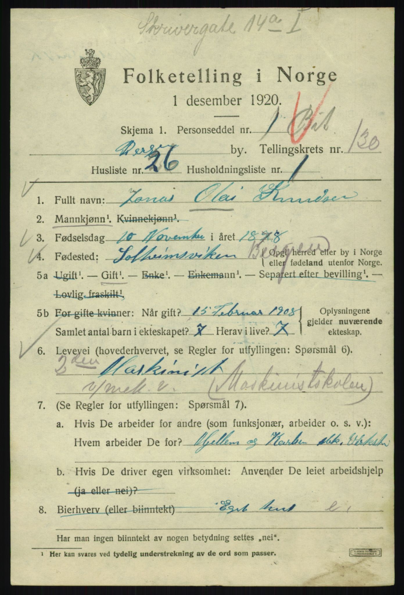 SAB, 1920 census for Bergen, 1920, p. 219383