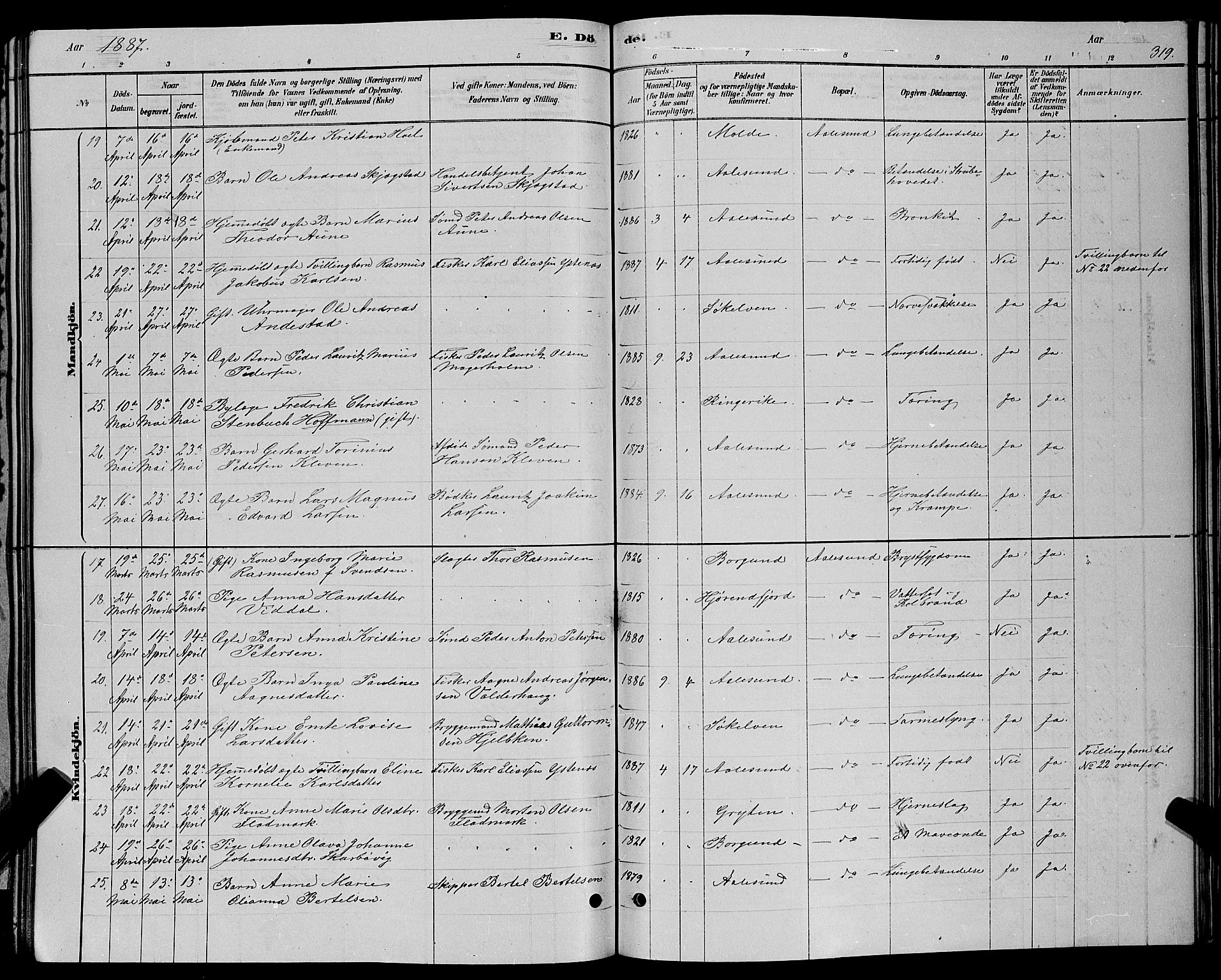 Ministerialprotokoller, klokkerbøker og fødselsregistre - Møre og Romsdal, AV/SAT-A-1454/529/L0466: Parish register (copy) no. 529C03, 1878-1888, p. 319