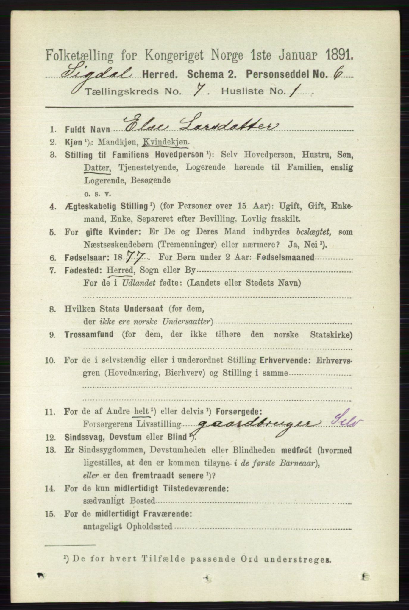 RA, 1891 census for 0621 Sigdal, 1891, p. 2722