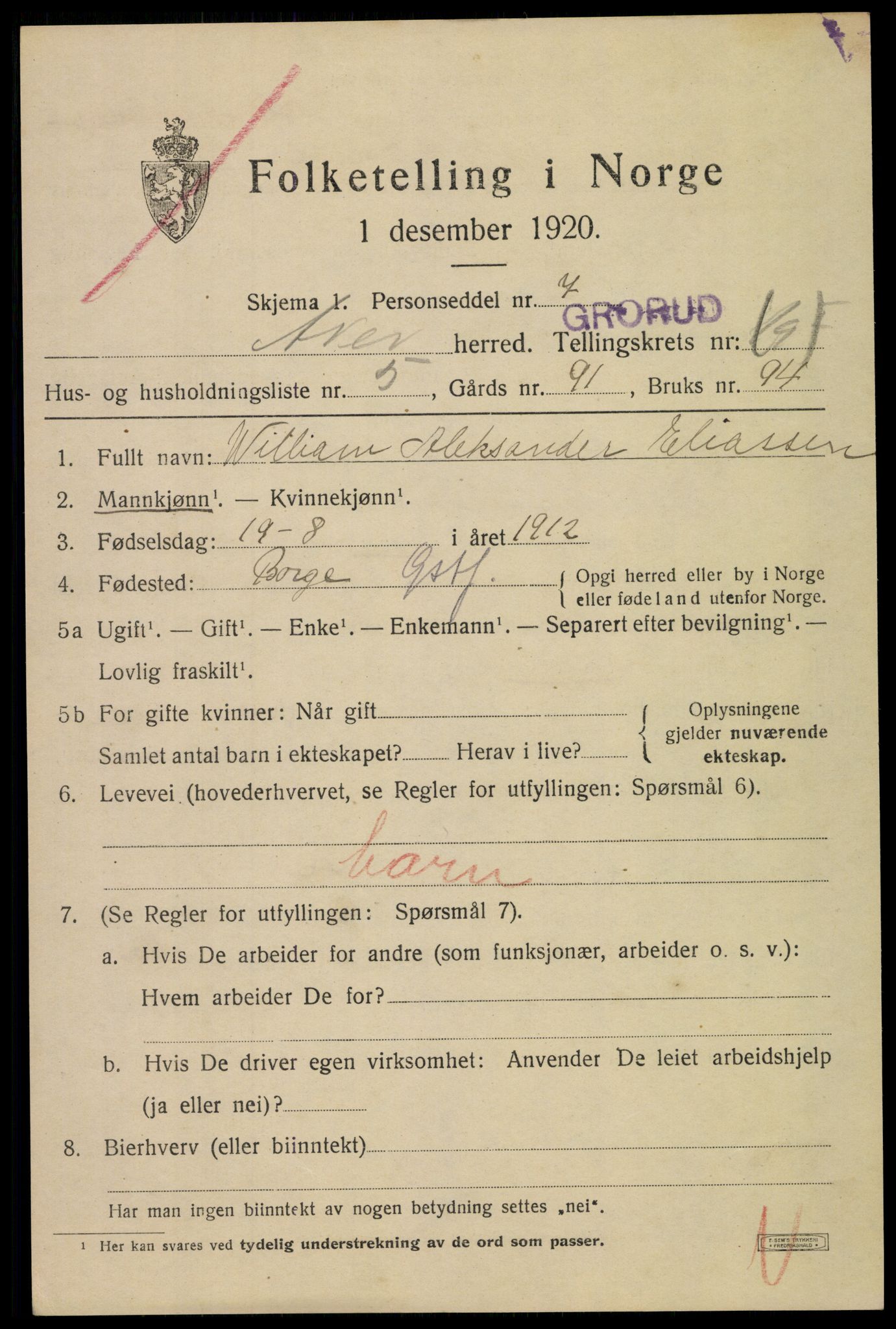SAO, 1920 census for Aker, 1920, p. 115490