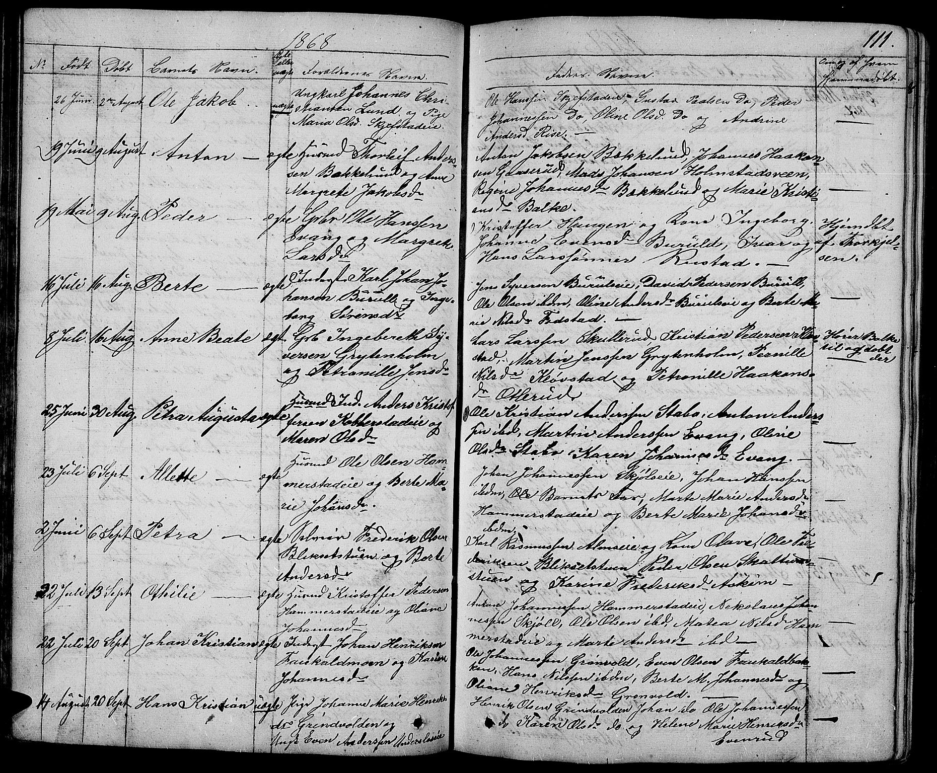 Østre Toten prestekontor, AV/SAH-PREST-104/H/Ha/Hab/L0004: Parish register (copy) no. 4, 1858-1886, p. 111