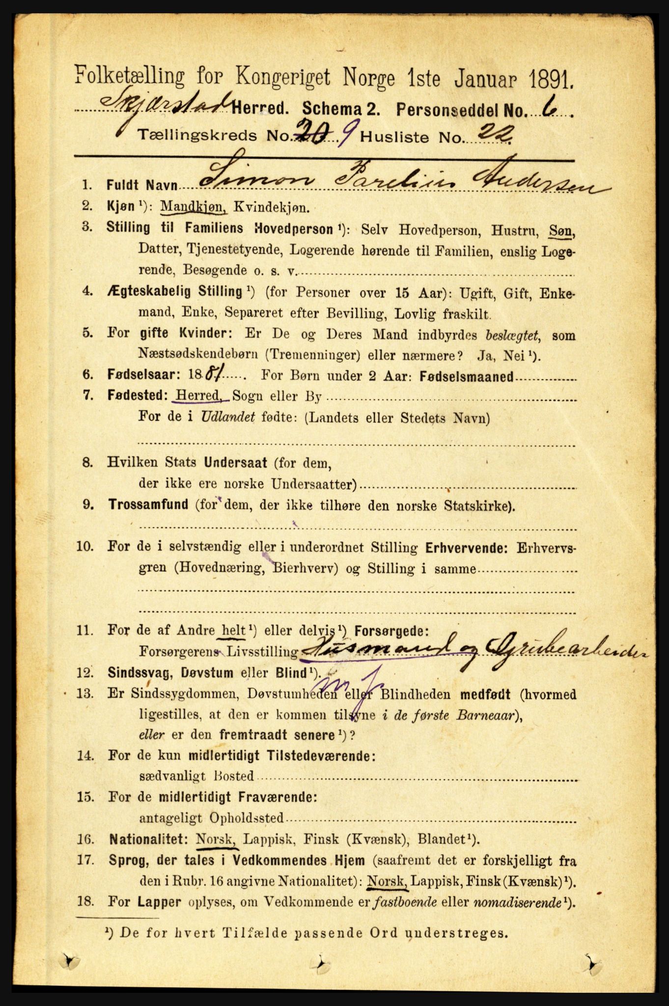 RA, 1891 census for 1842 Skjerstad, 1891, p. 3451