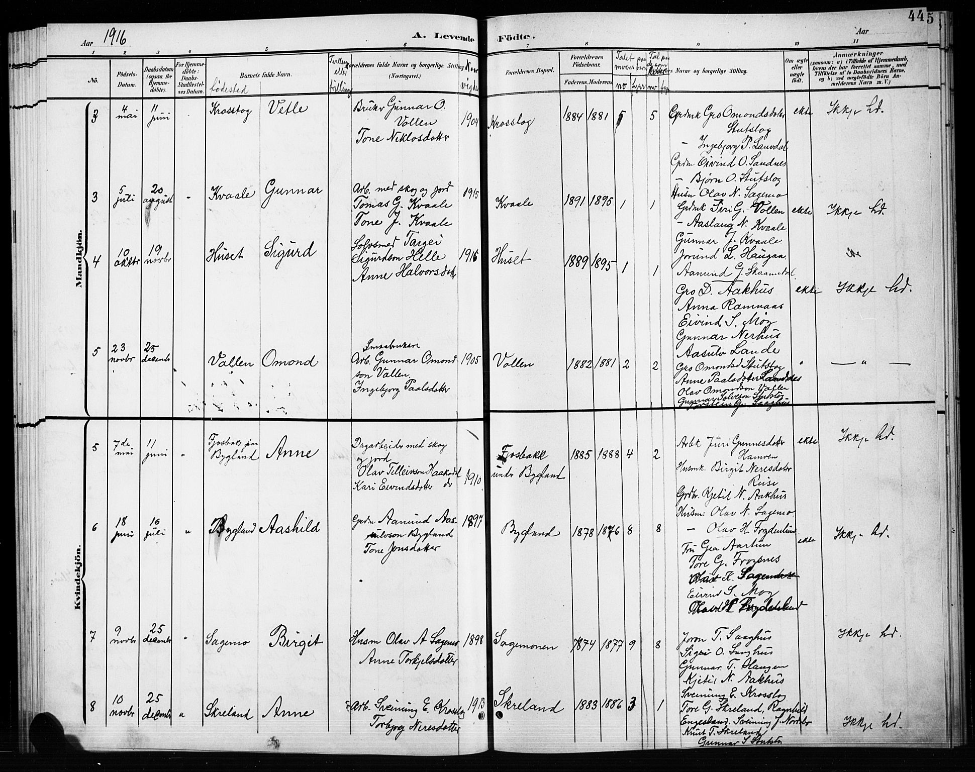 Bygland sokneprestkontor, SAK/1111-0006/F/Fb/Fbb/L0004: Parish register (copy) no. B 4, 1902-1920, p. 44