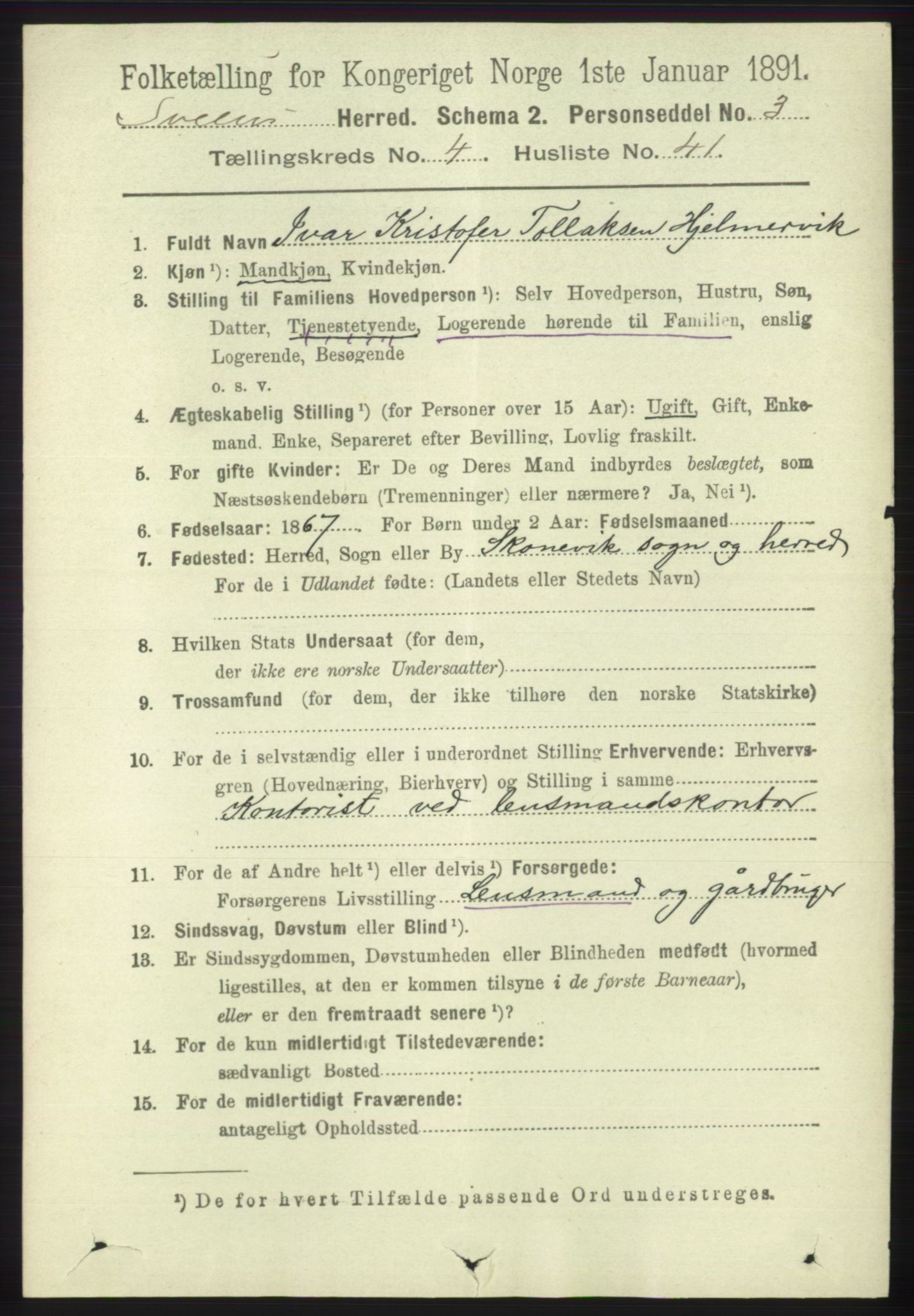 RA, 1891 census for 1216 Sveio, 1891, p. 1408