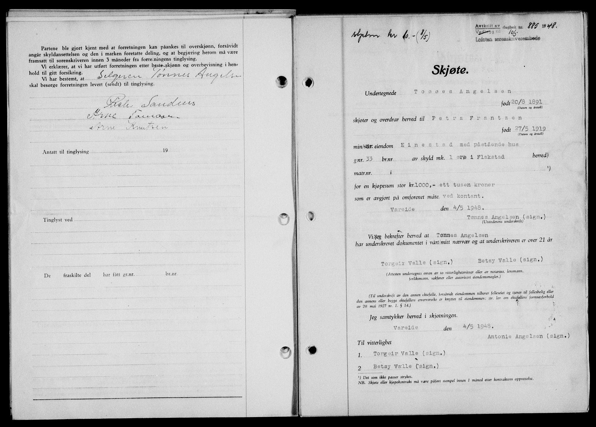 Lofoten sorenskriveri, SAT/A-0017/1/2/2C/L0018a: Mortgage book no. 18a, 1948-1948, Diary no: : 885/1948
