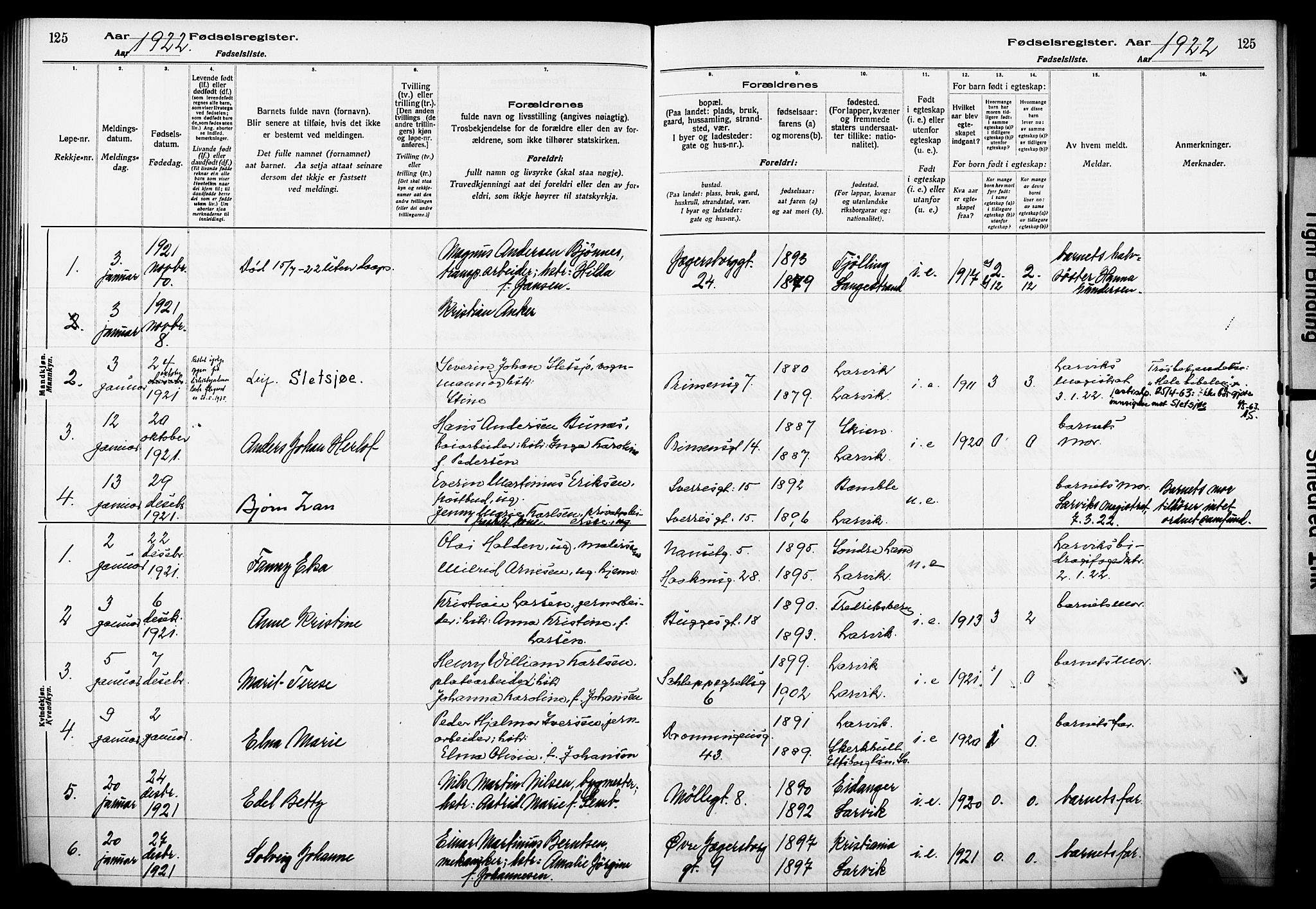 Larvik kirkebøker, AV/SAKO-A-352/J/Ja/L0001: Birth register no. I 1, 1916-1926, p. 125