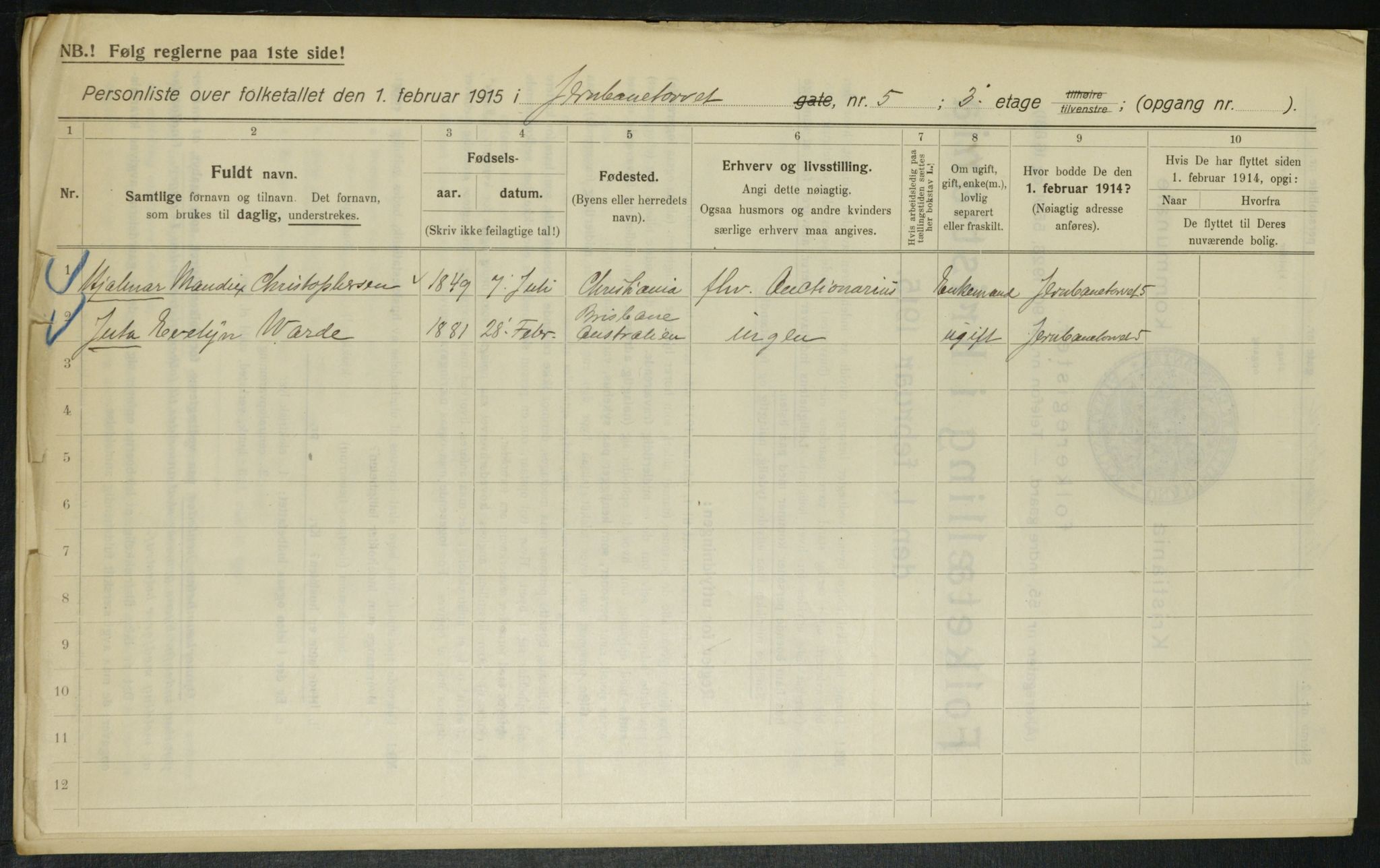 OBA, Municipal Census 1915 for Kristiania, 1915, p. 46487