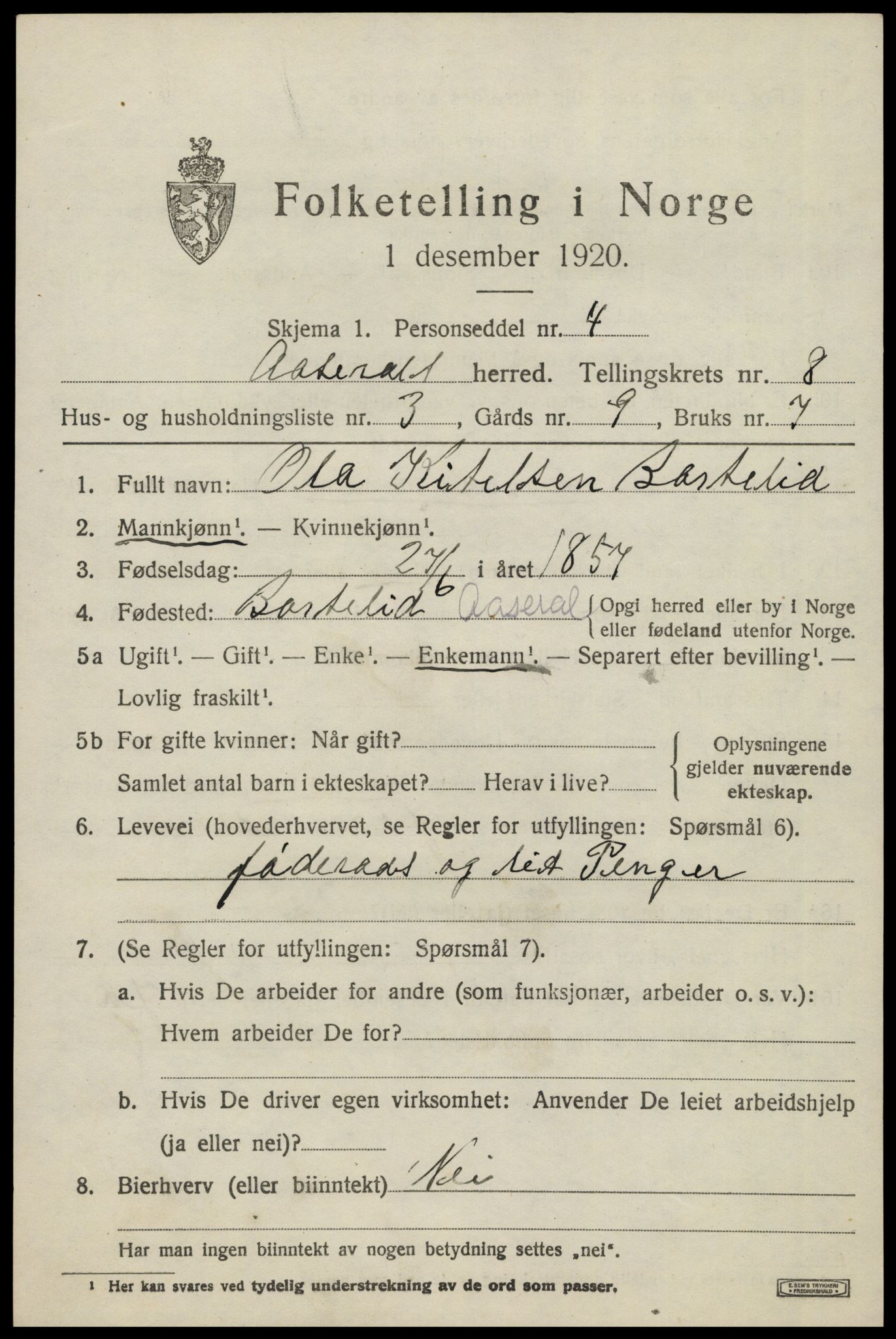 SAK, 1920 census for Åseral, 1920, p. 2468