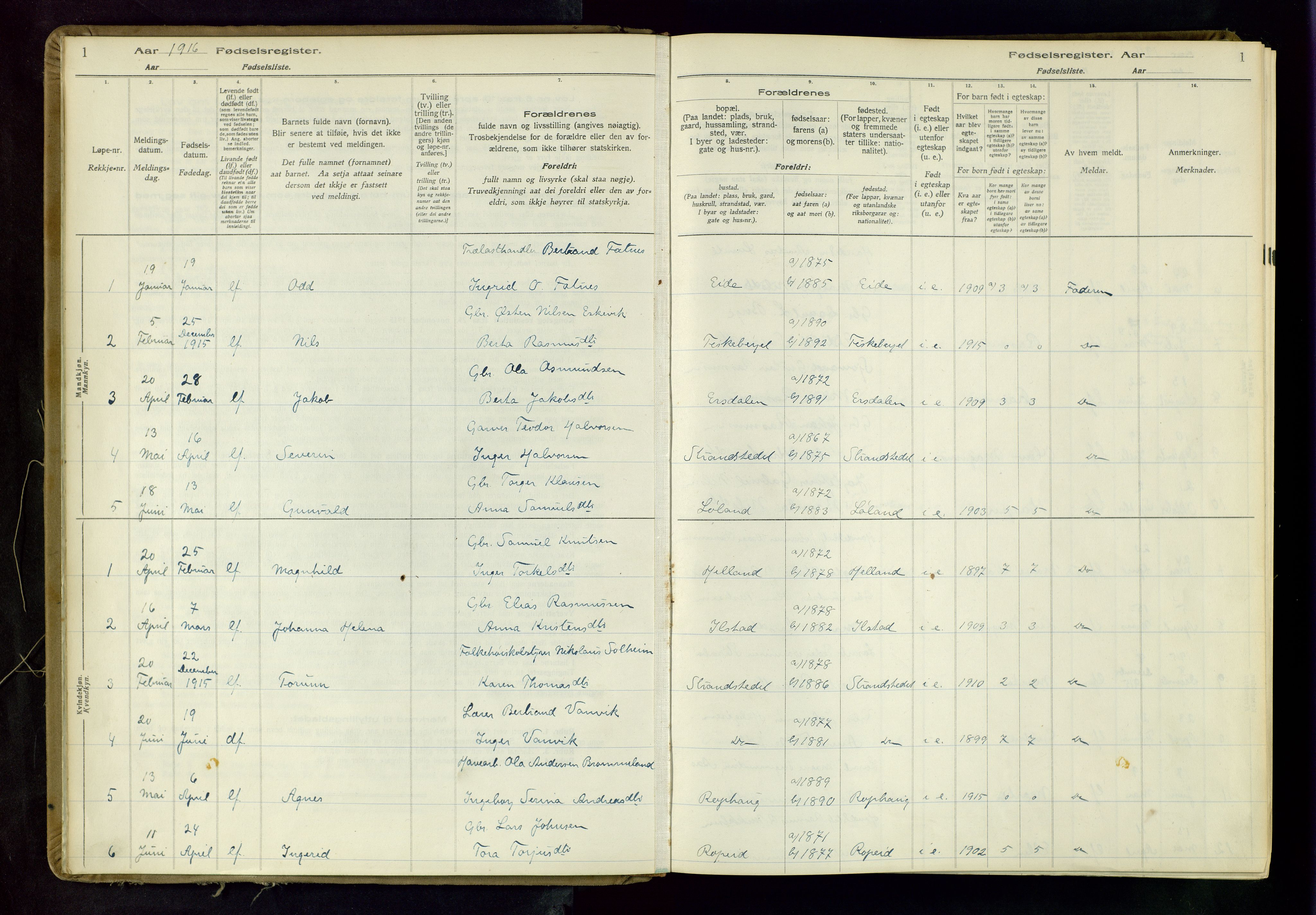 Suldal sokneprestkontor, AV/SAST-A-101845/03/A/L0001: Birth register no. 1, 1916-1982, p. 1