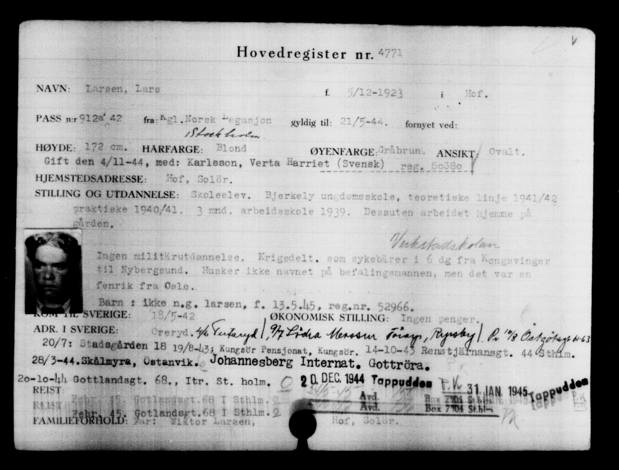 Utenriksstasjonene, Legasjonen i Stockholm, Flyktningkontoret, AV/RA-S-6753/V/Va/L0004: Kjesäterkartoteket, flyktninger med registreringsnr. 3496-6610, 1940-1945, p. 1507