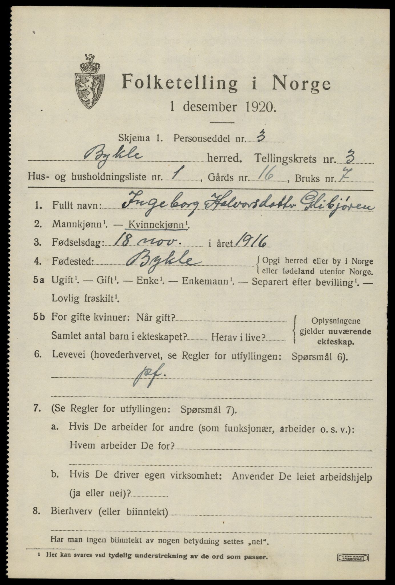 SAK, 1920 census for Bykle, 1920, p. 1027