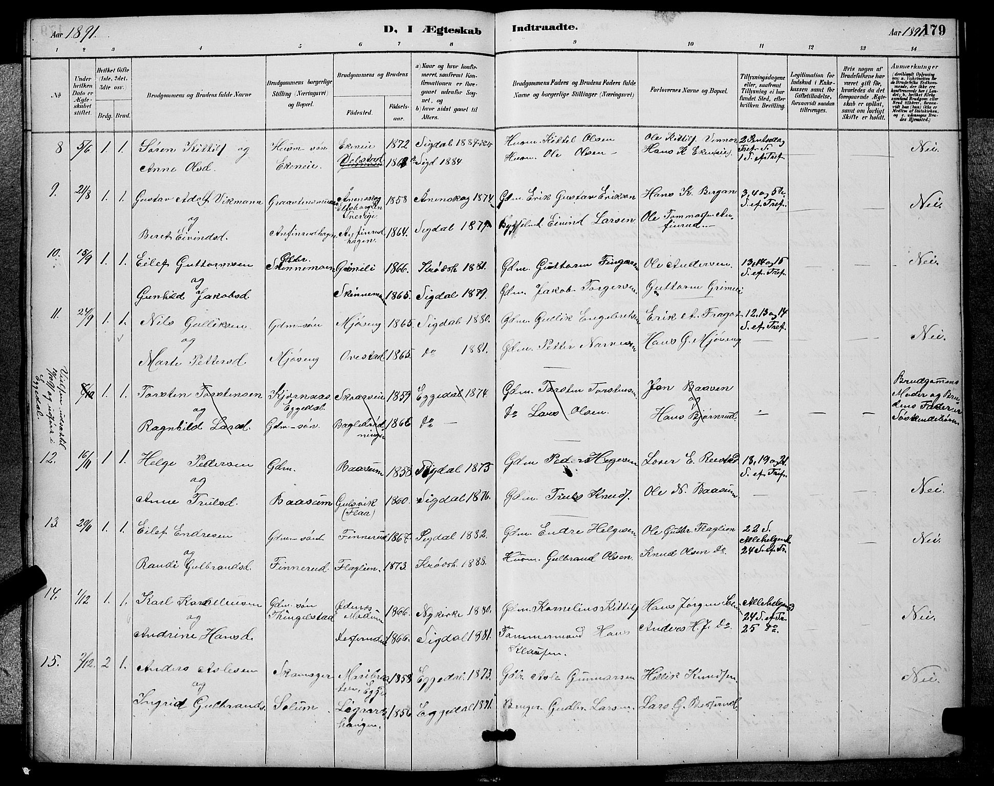 Sigdal kirkebøker, AV/SAKO-A-245/G/Ga/L0005: Parish register (copy) no. I 5, 1886-1900, p. 179