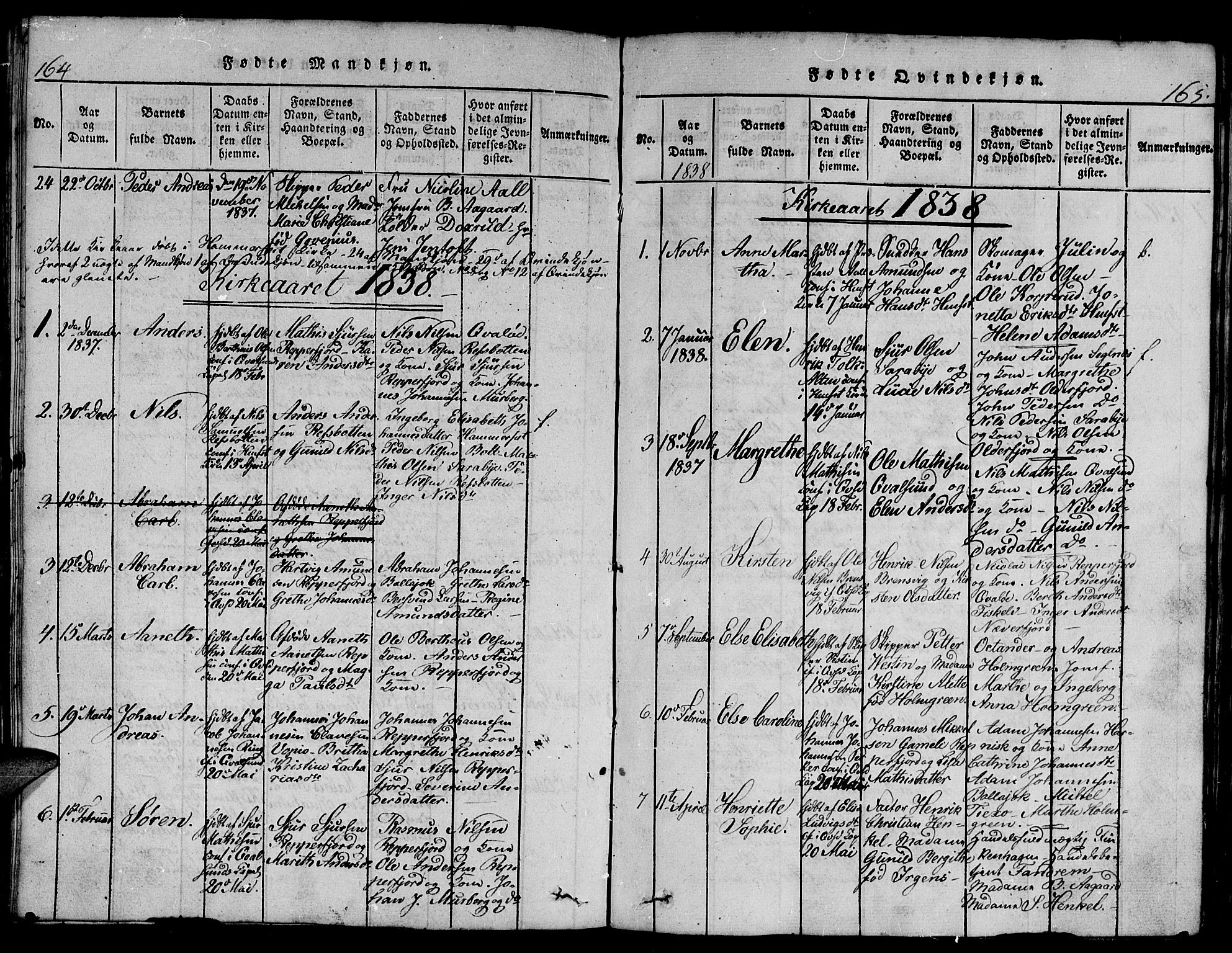 Hammerfest sokneprestkontor, SATØ/S-1347/H/Hb/L0001.klokk: Parish register (copy) no. 1, 1822-1850, p. 164-165