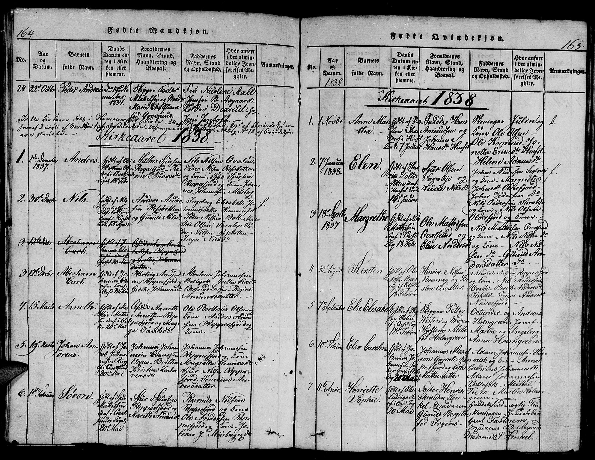 Hammerfest sokneprestkontor, AV/SATØ-S-1347/H/Hb/L0001.klokk: Parish register (copy) no. 1, 1822-1850, p. 164-165