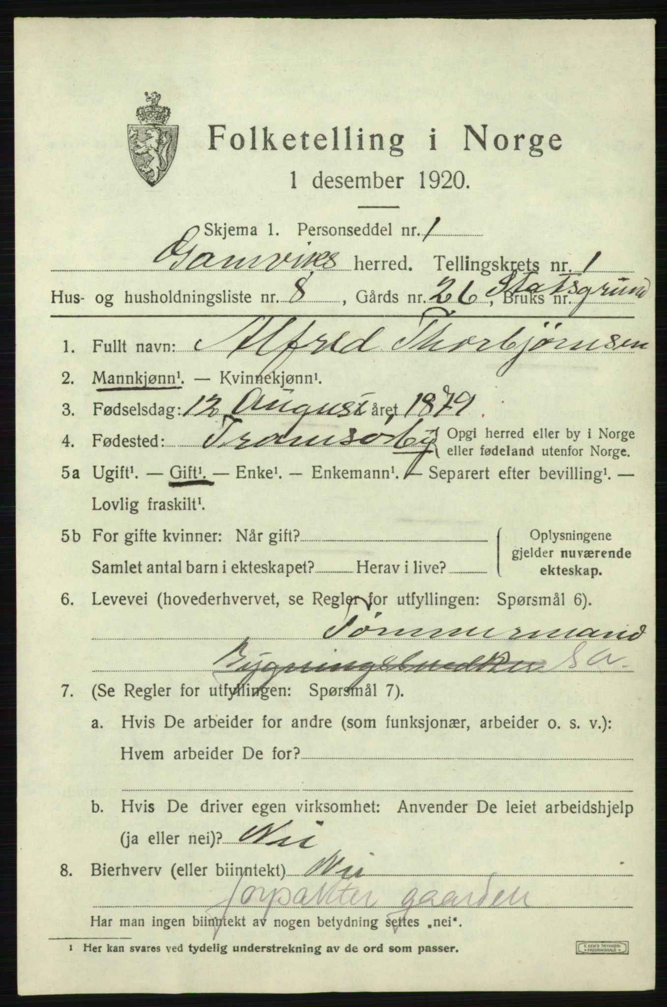 SATØ, 1920 census for Gamvik, 1920, p. 598