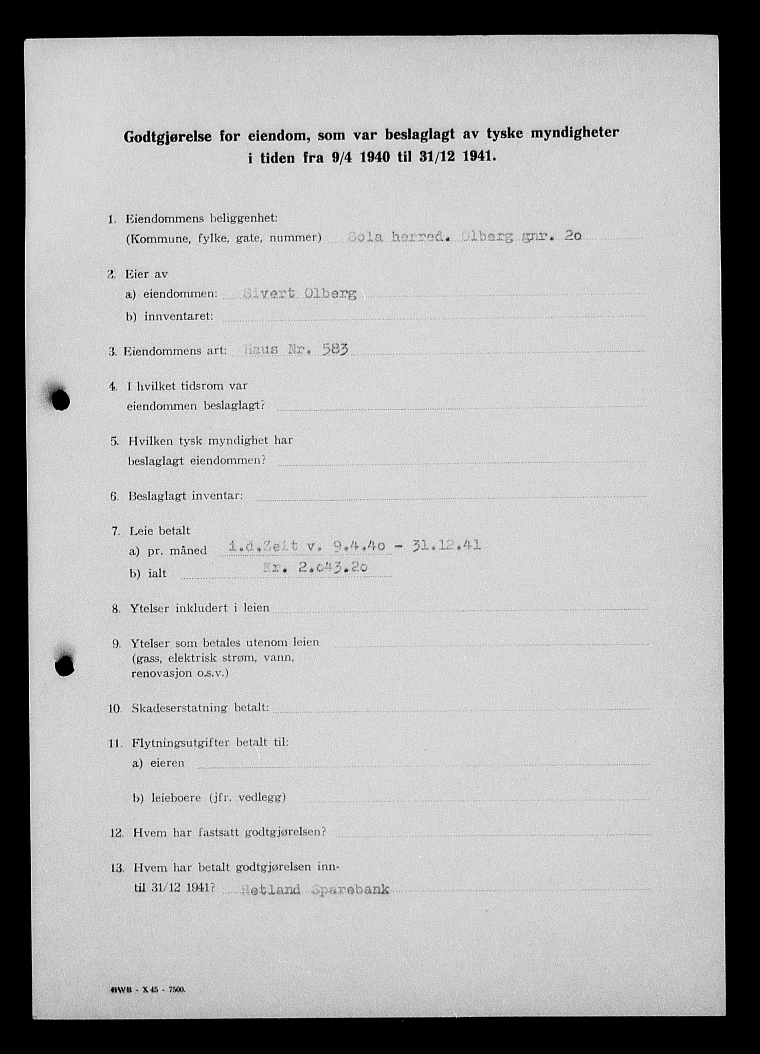 Justisdepartementet, Tilbakeføringskontoret for inndratte formuer, AV/RA-S-1564/I/L1015: Godtgjørelse for beslaglagt eiendom, 1940-1941, p. 41
