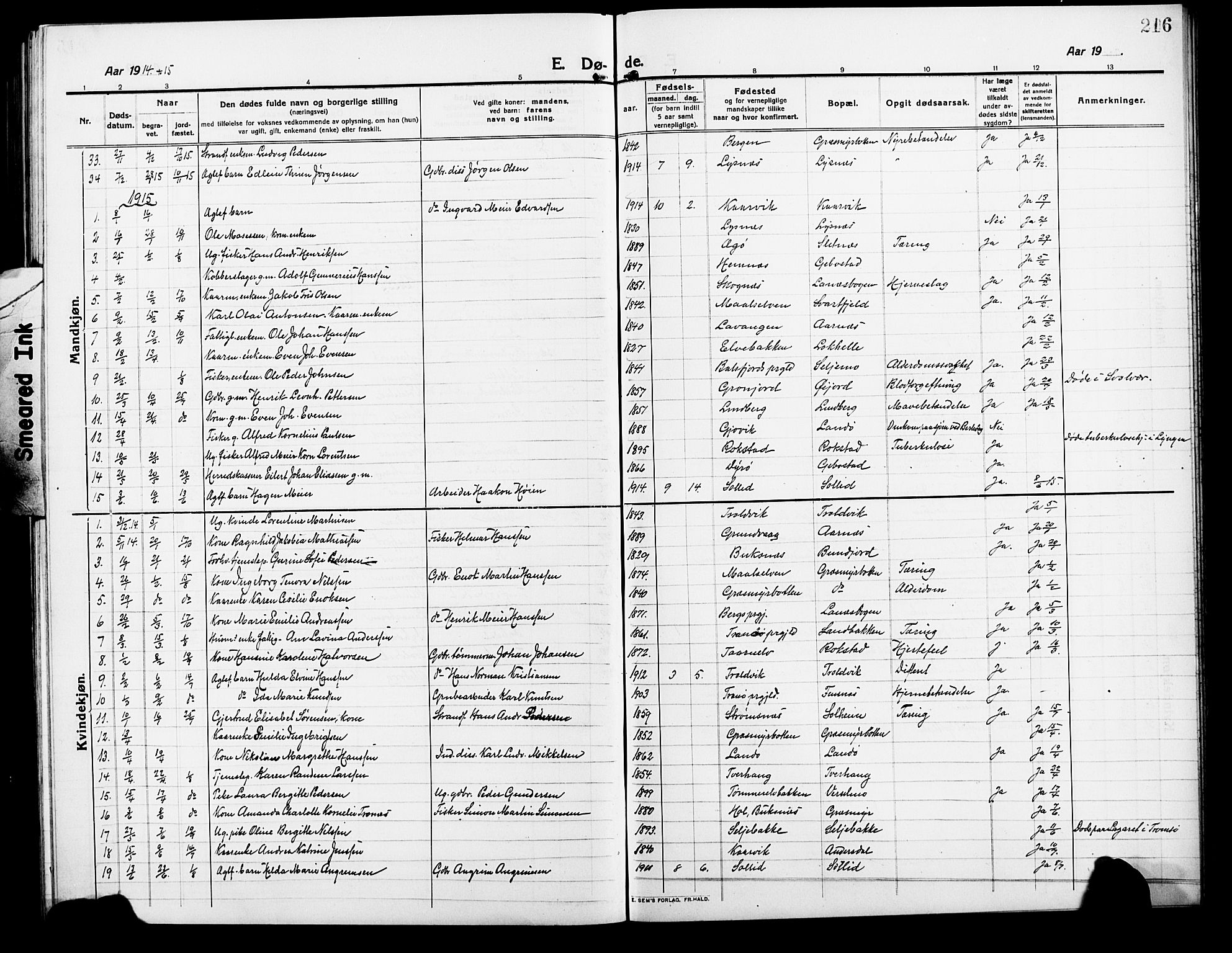 Lenvik sokneprestembete, SATØ/S-1310/H/Ha/Hab/L0009klokker: Parish register (copy) no. 9, 1912-1926, p. 216
