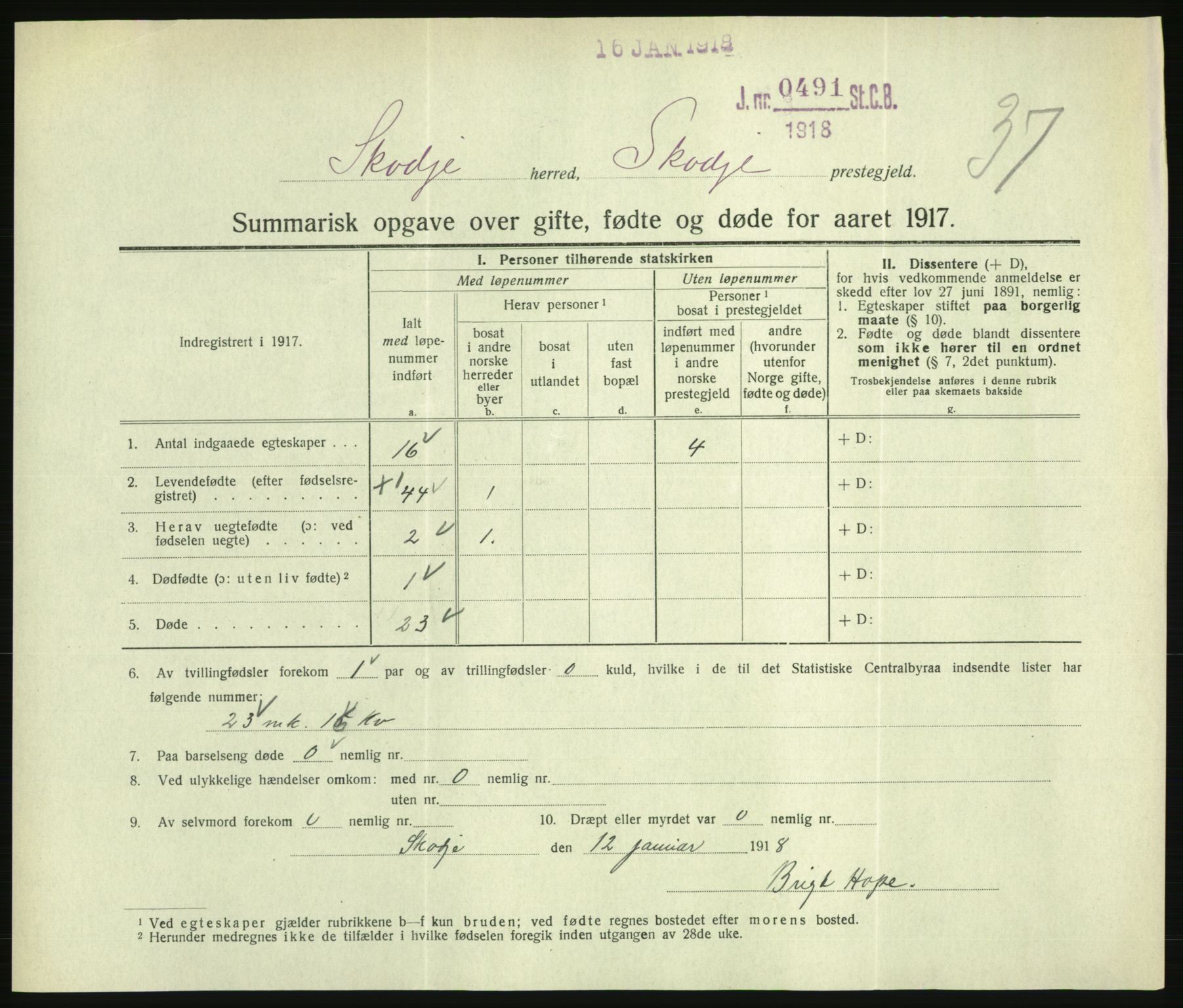 Statistisk sentralbyrå, Sosiodemografiske emner, Befolkning, AV/RA-S-2228/D/Df/Dfb/Dfbg/L0056: Summariske oppgaver over gifte, fødte og døde for hele landet., 1917, p. 1123