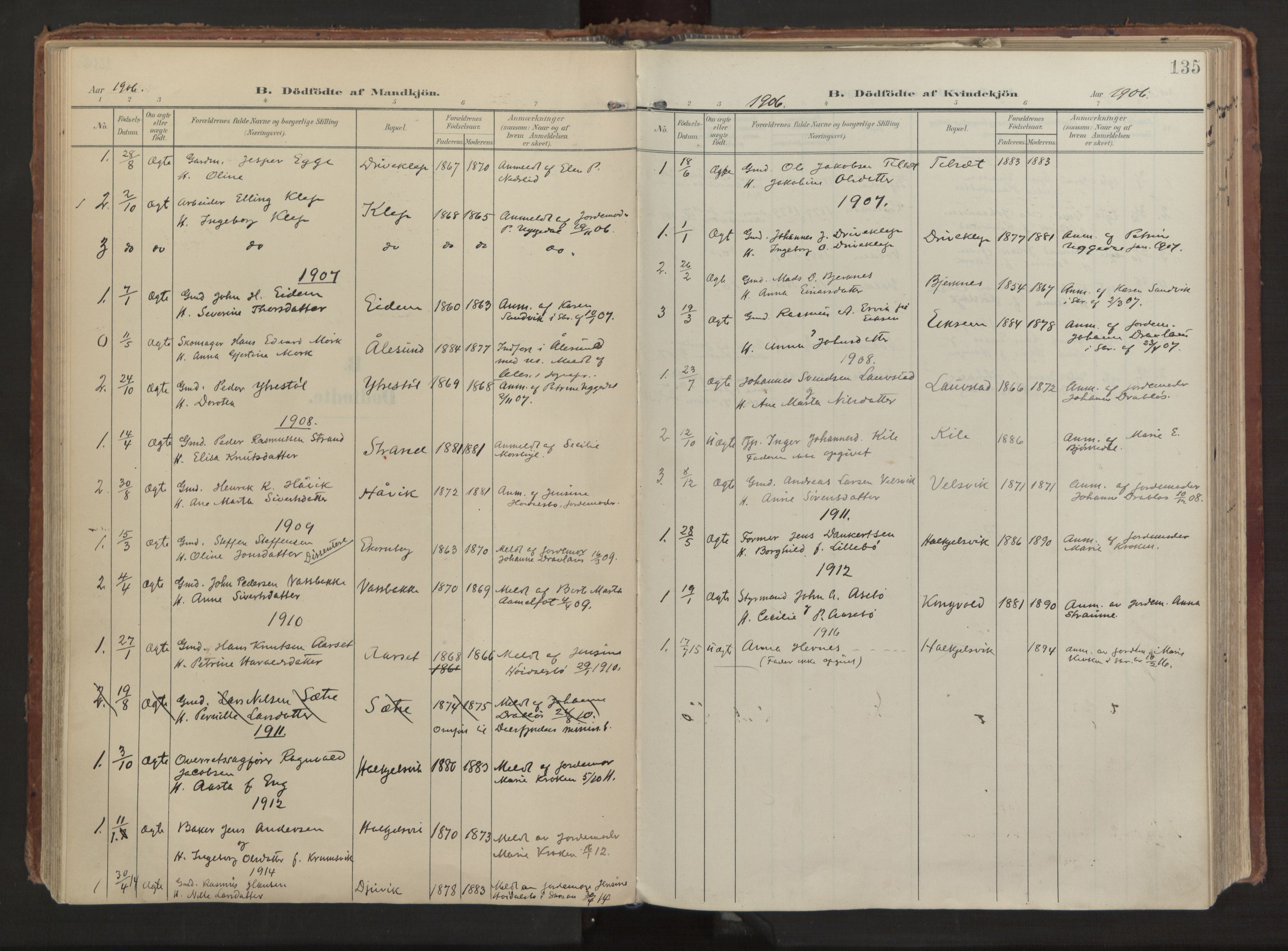 Ministerialprotokoller, klokkerbøker og fødselsregistre - Møre og Romsdal, AV/SAT-A-1454/511/L0144: Parish register (official) no. 511A11, 1906-1923, p. 135