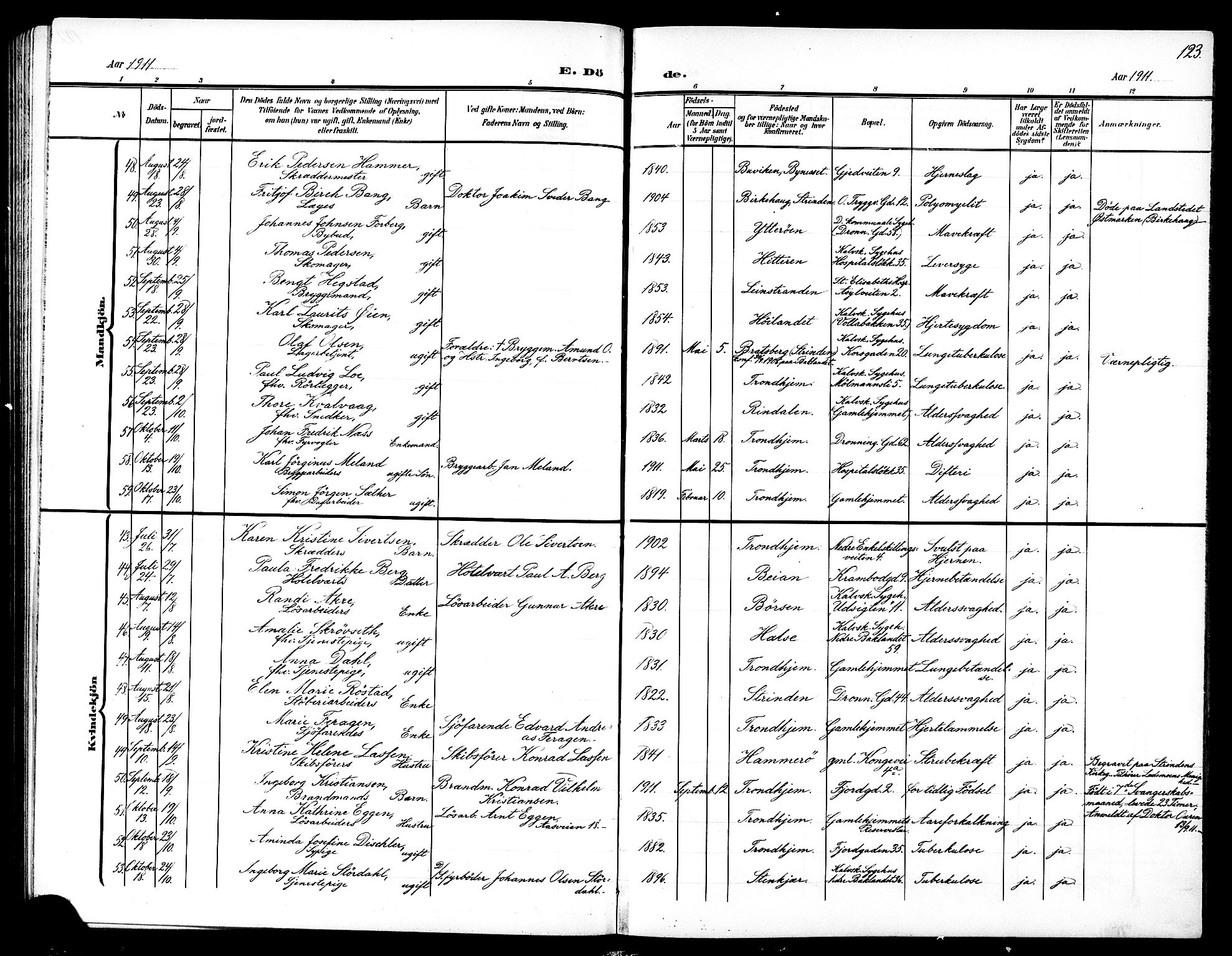 Ministerialprotokoller, klokkerbøker og fødselsregistre - Sør-Trøndelag, SAT/A-1456/602/L0146: Parish register (copy) no. 602C14, 1904-1914, p. 123